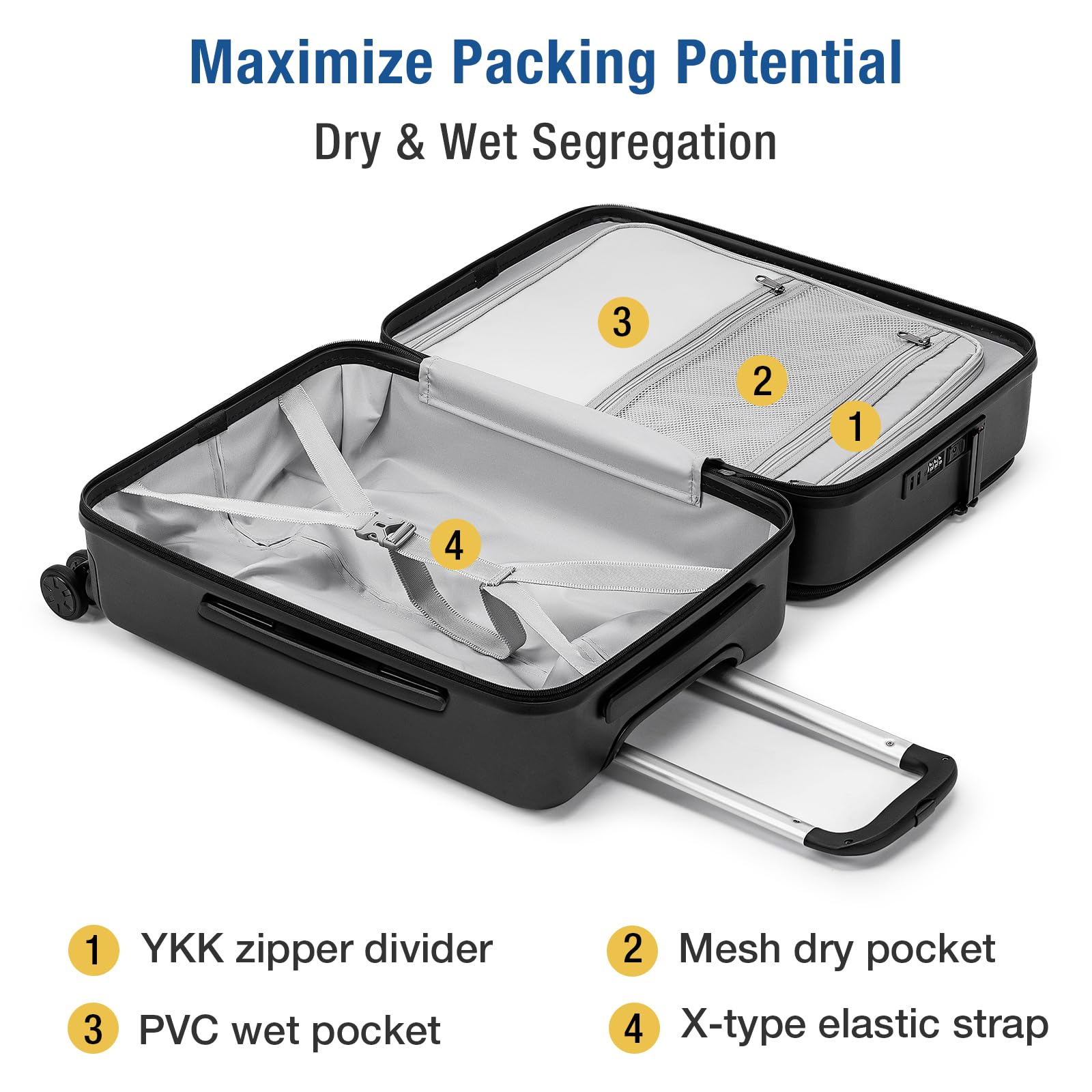 KYME 22-Inch Hardshell Carry-On Luggage with TSA Lock - Lightweight PC Suitcase for Men & Women, Spinner Wheels & Laptop Compartment - Perfect for Business Travel & Weekend Getaways (Black)