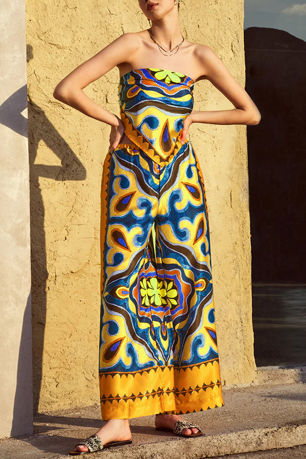 Stylish Ethnic Print Tube Top & Elastic Waist Wide Leg Pants Set - Women's Boho Outfit for Summer, Beach, and Casual Wear