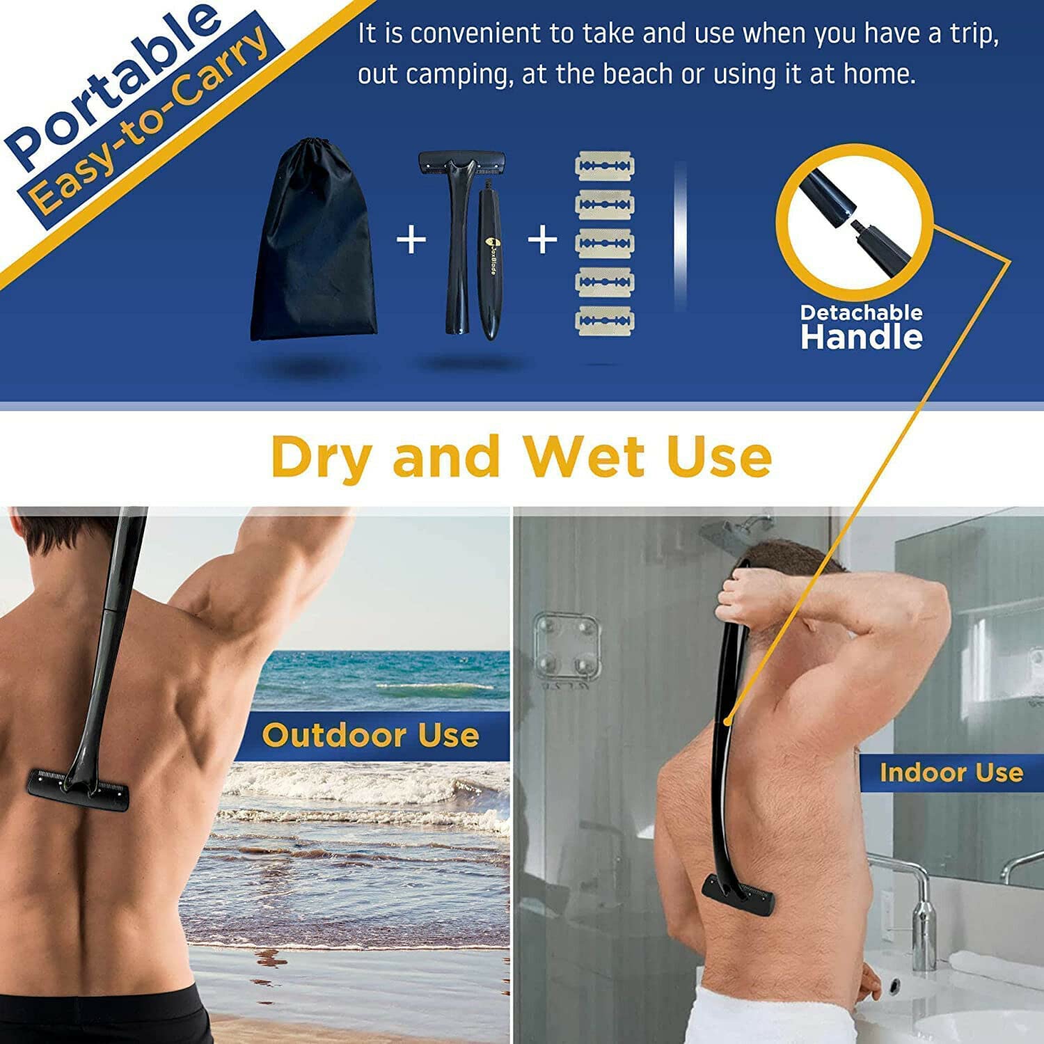 Men's Back Shaver - DIY Body Hair Remover with Curved Head & Long Handle, Replaceable Razors (25¢ Each) - Quick & Easy Back Hair Removal for Smooth Skin - Perfect for Home Use, Travel & Grooming Kits