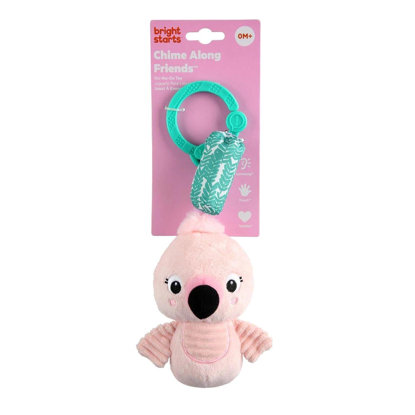 Bright Starts Chime Along Friends On the Go Flamingo Baby Toy - Musical Plush Animal with Soothing Sounds for Crib, Stroller & Playtime | Perfect Newborn Gift for Boys & Girls