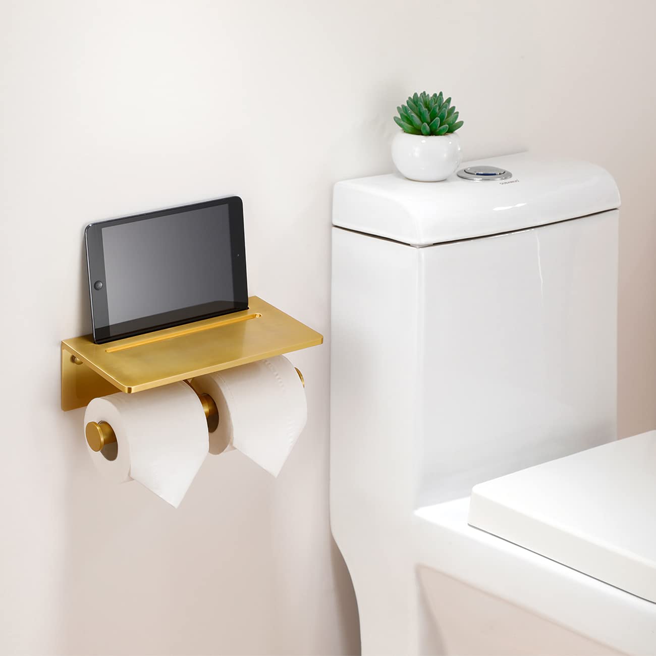 Smart Home Double Toilet Paper Holder with Shelf - Wall Mounted Commercial Toilet Paper Roll Dispenser with Phone Storage - Brushed Gold Aluminum for Mega Rolls - Perfect for Bathroom, Restroom & Office Use