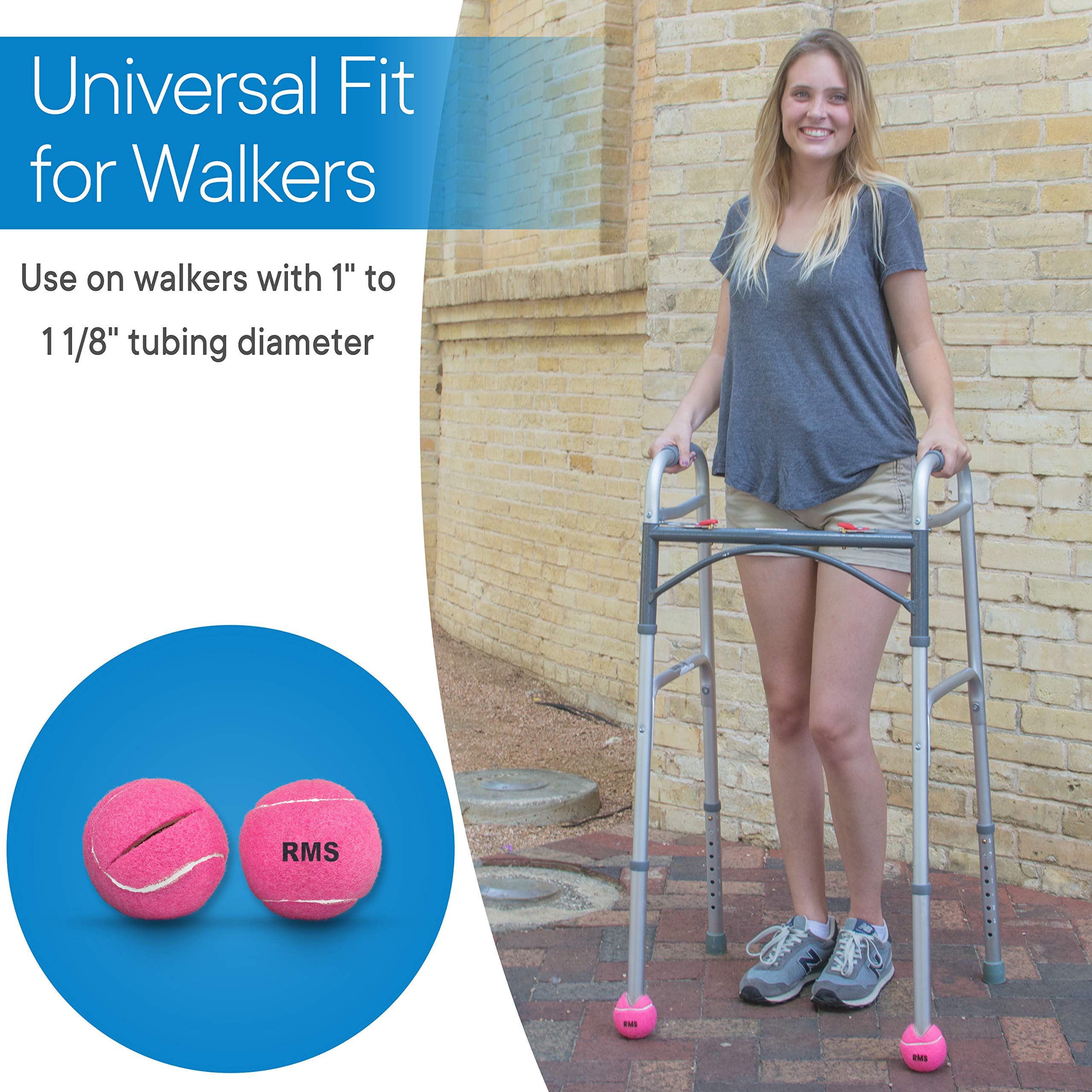 RMS Walker Glide Balls - Set of 2 Easy-Install Mobility Aid Balls with Precut Openings for Most Walkers (Pink) | Non-Slip Walker Tips for Hardwood Floors & Carpet | Ideal for Seniors & Post-Surgery Recovery