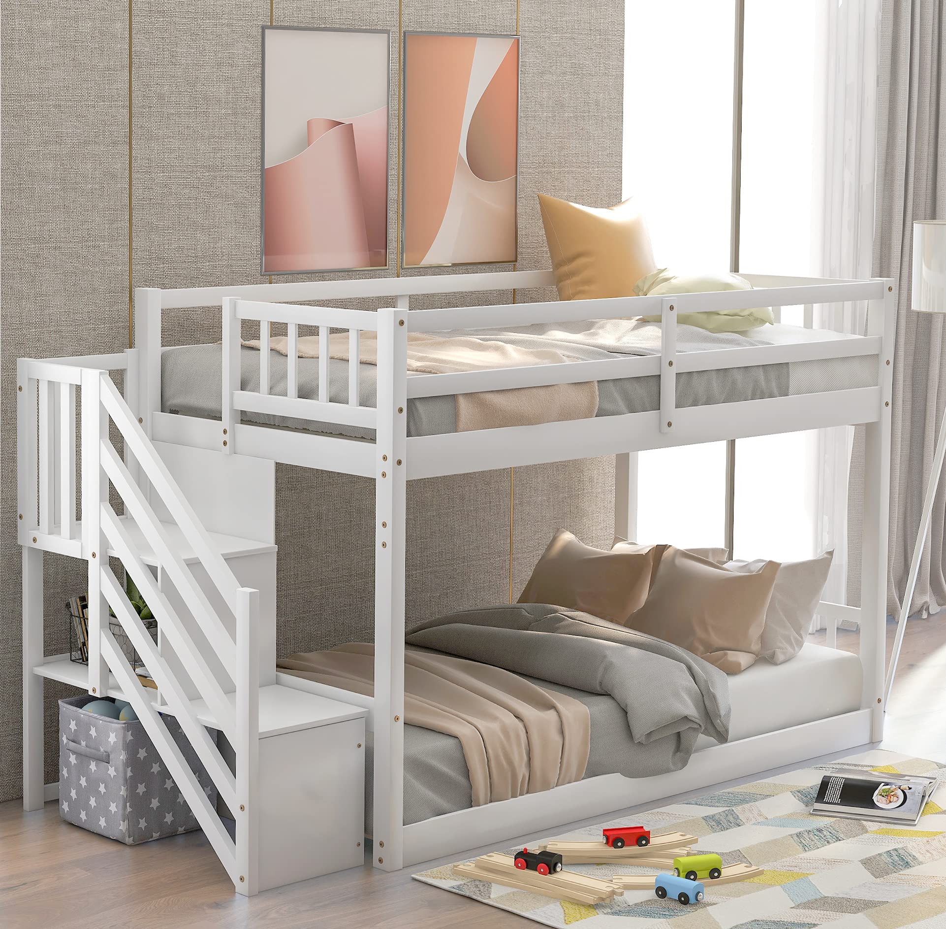 Bellemave White Wood Twin Over Twin Bunk Bed with Storage & Stairs - Low Profile Kids Bunk Bed for Toddler Boys & Girls - Perfect for Small Bedrooms, Shared Kids Rooms & Space-Saving Sleep Solutions