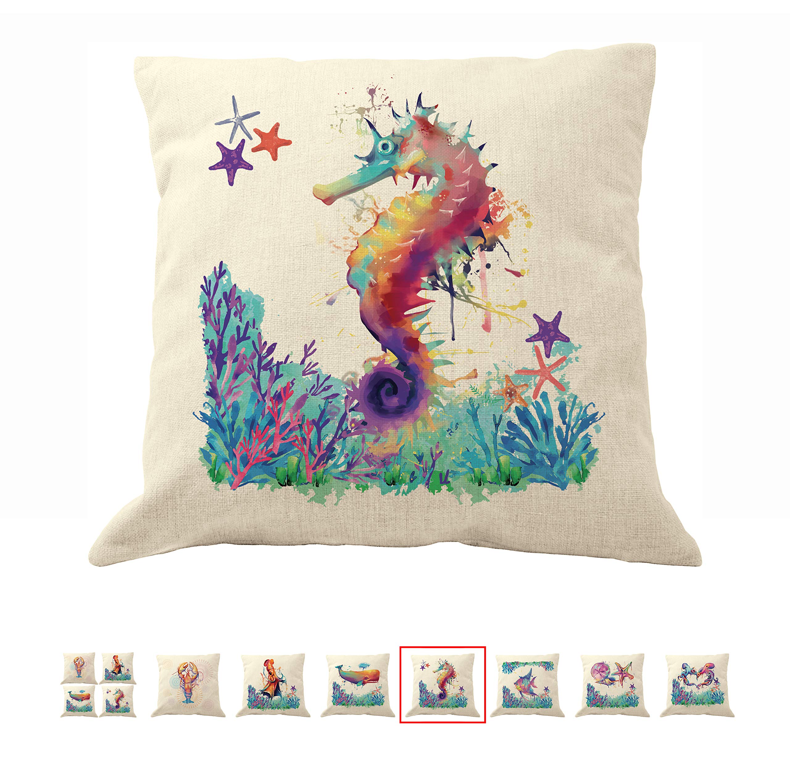 DrupsCo 18x18 Inch Seahorse Pillow Cover - Cotton Linen Couch Cushion Cover for Coastal Decor, Beach Theme Living Room & Bedroom Decoration - Perfect for Sofa, Chair, Porch and Nautical Home Decor