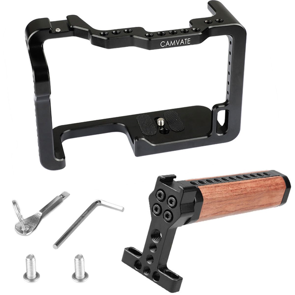 CAMVATE Camera Cage with Wooden Top Handle & Dual Shoe Mounts for Panasonic Lumix GH5 - Perfect for Vlogging, Film Making & Professional Photography