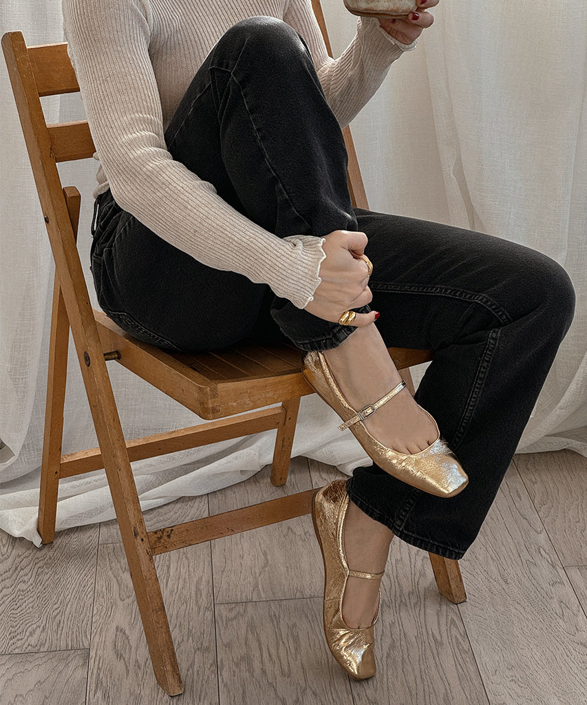 Reyes Gold Distressed Leather Ballet Flats - Women's Comfortable Slip-On Shoes for Work, Office & Casual Wear