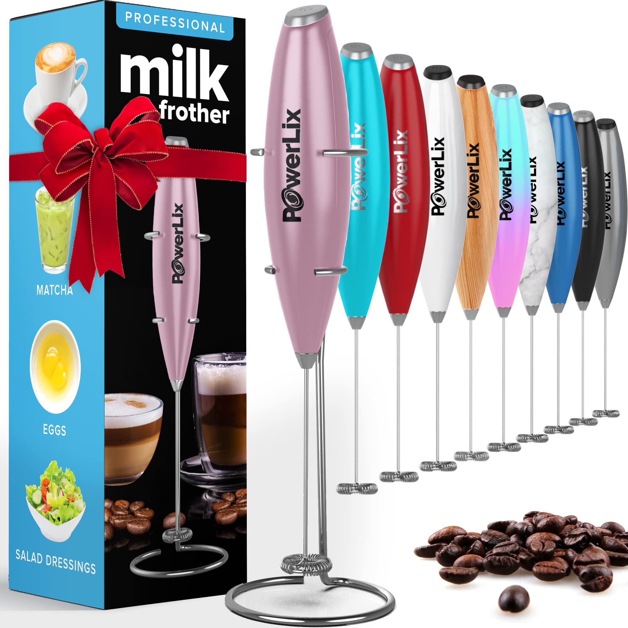 PowerLix Handheld Milk Frother - Battery Operated Foam Maker for Coffee, Latte & Cappuccino - Includes Stand (Black/Light Pink) - Perfect for Home, Office & Coffee Shops