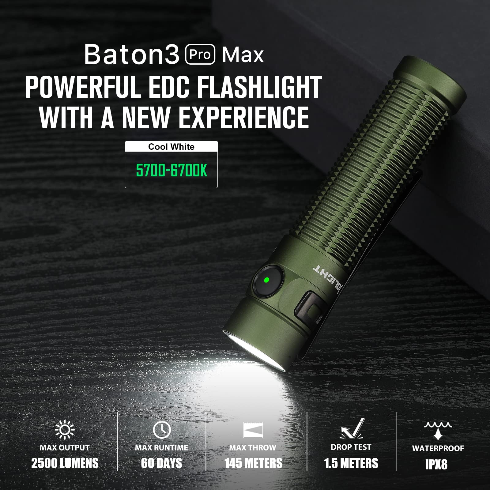 Olight Baton 3 Pro Max 2500 Lumens Rechargeable Flashlight with Cool White Light & Safety Proximity Sensor - EDC Tactical Torch for Camping, Hiking, Emergency & Outdoor Adventures