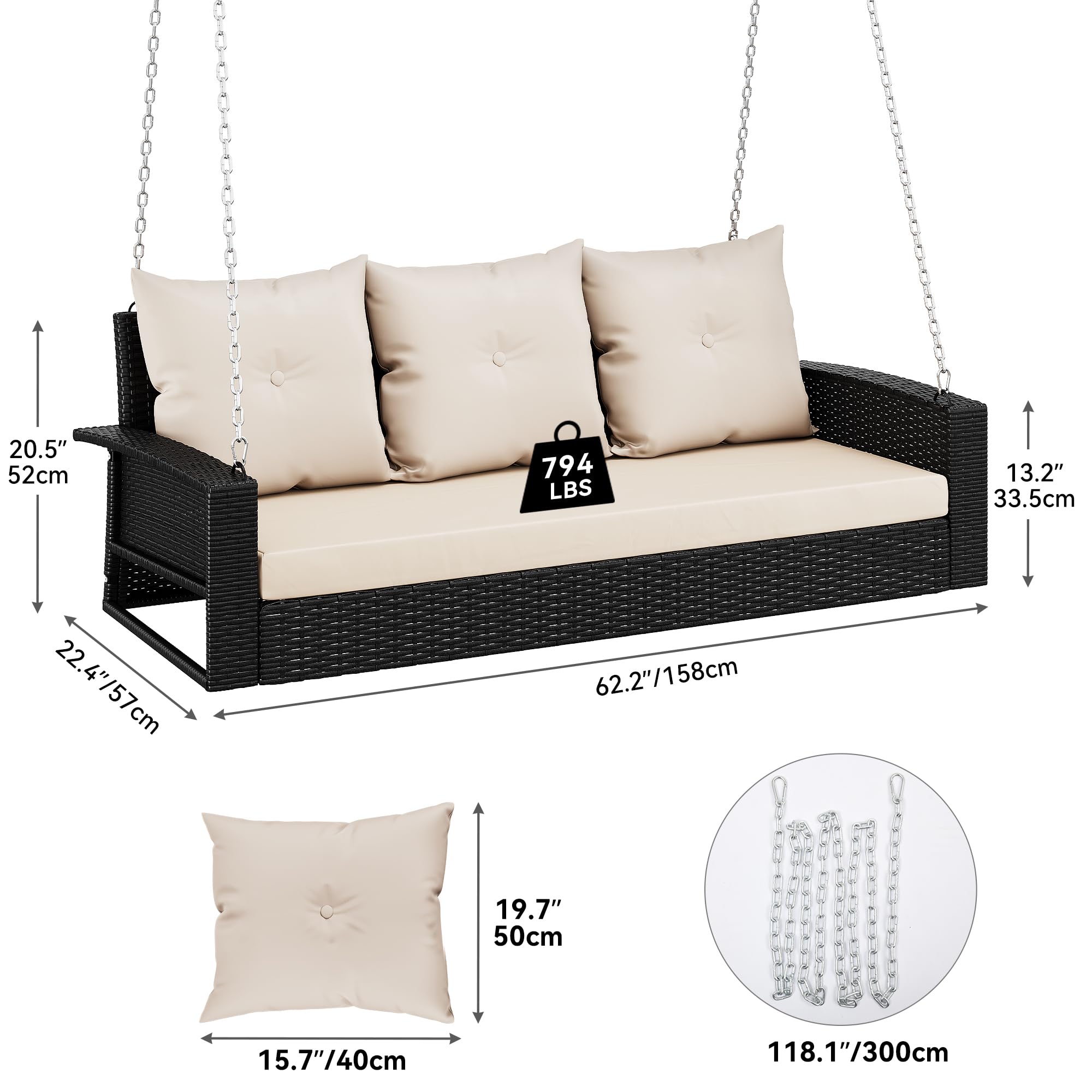 YITAHOME 3-Seater Hanging Porch Swing Chair - Outdoor Rattan Wicker Patio Swing with 3 Cushions - Weather-Resistant Black Garden Swing for Balcony, Deck & Backyard Relaxation | Perfect for Lounging, Reading & Enjoying Summer Breezes