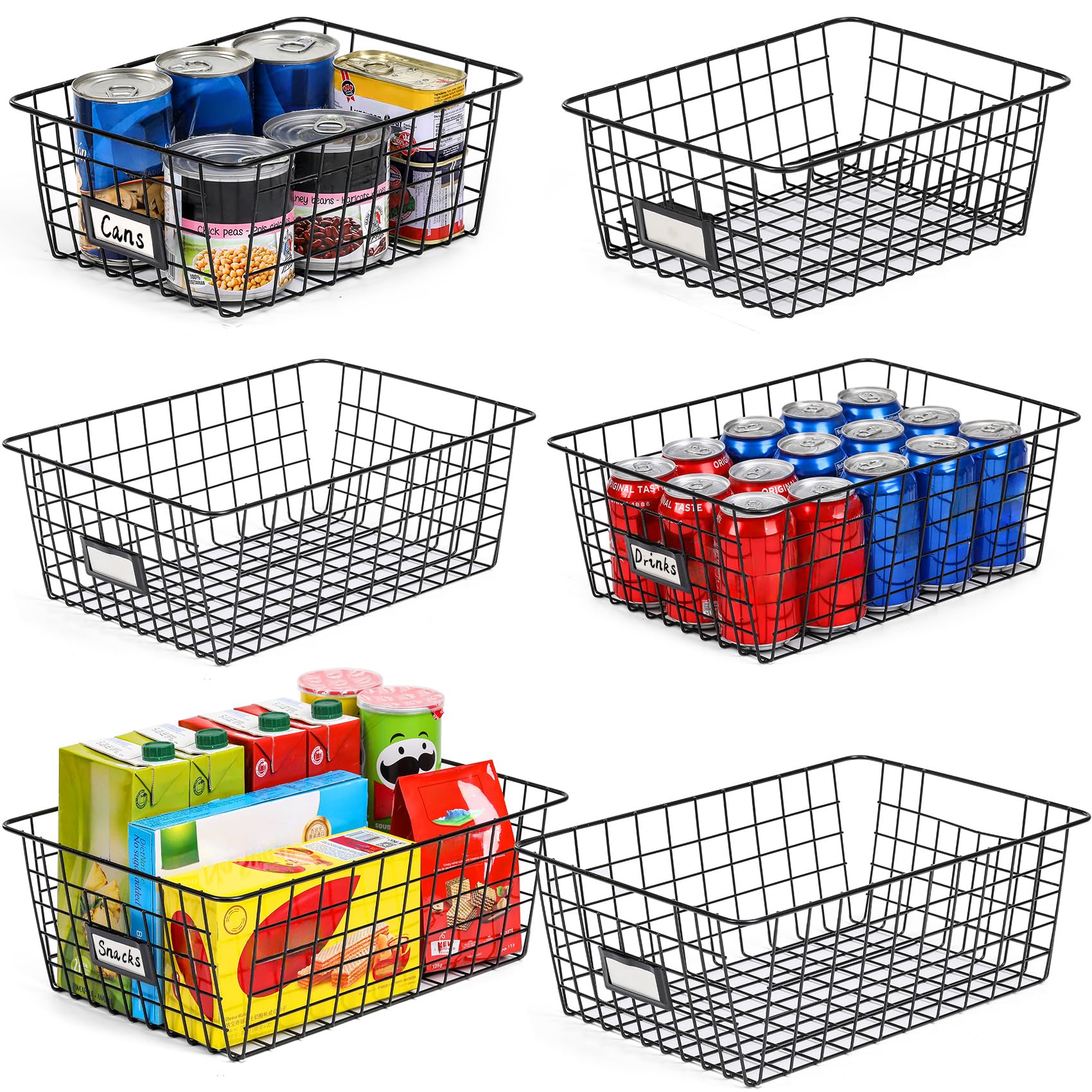 6-Pack Extra Large Metal Wire Storage Baskets with Labels - Black Pantry Organizer Bins for Kitchen, Laundry, Garage, Fridge & Bathroom Countertop - Perfect for Home Organization and Decluttering Spaces