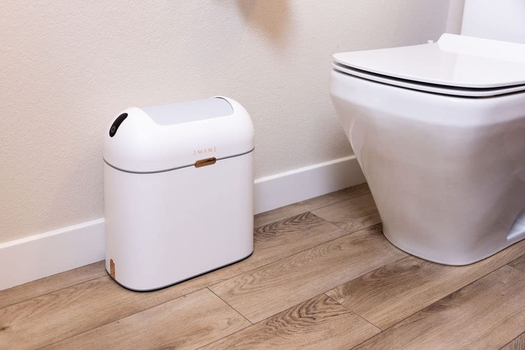 EMANE 13 Gallon Motion Sensor Trash Can with Butterfly Lid - Touchless Automatic Garbage Bin, Waterproof & Odor-Proof for Kitchen, Bathroom, Office - White with Golden Button (Ideal for Hands-Free Waste Disposal in High-Traffic Areas)