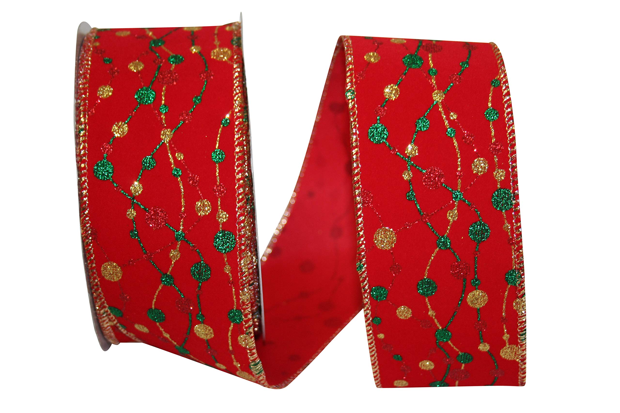 Reliant Ribbon Holiday Beads Wired Edge Ribbon - 2.5 Inch x 20 Yards, Red - Perfect for Christmas Tree Decorations, Gift Wrapping & DIY Crafts