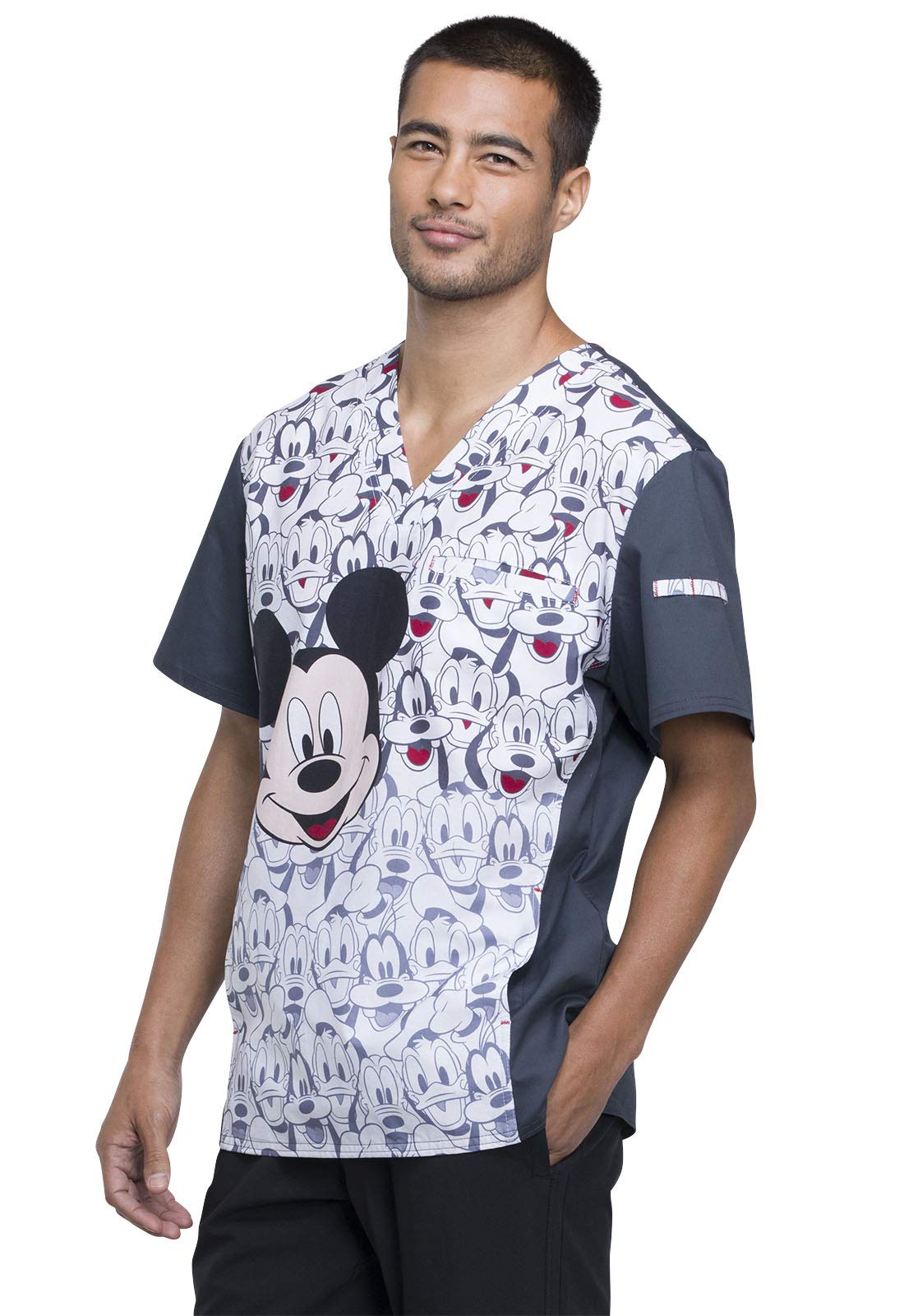Tooniforms Men's V-Neck Scrub Top TF700 - XS Size, Mickey and Friends Design - Comfortable Medical Uniform for Doctors, Nurses & Healthcare Professionals