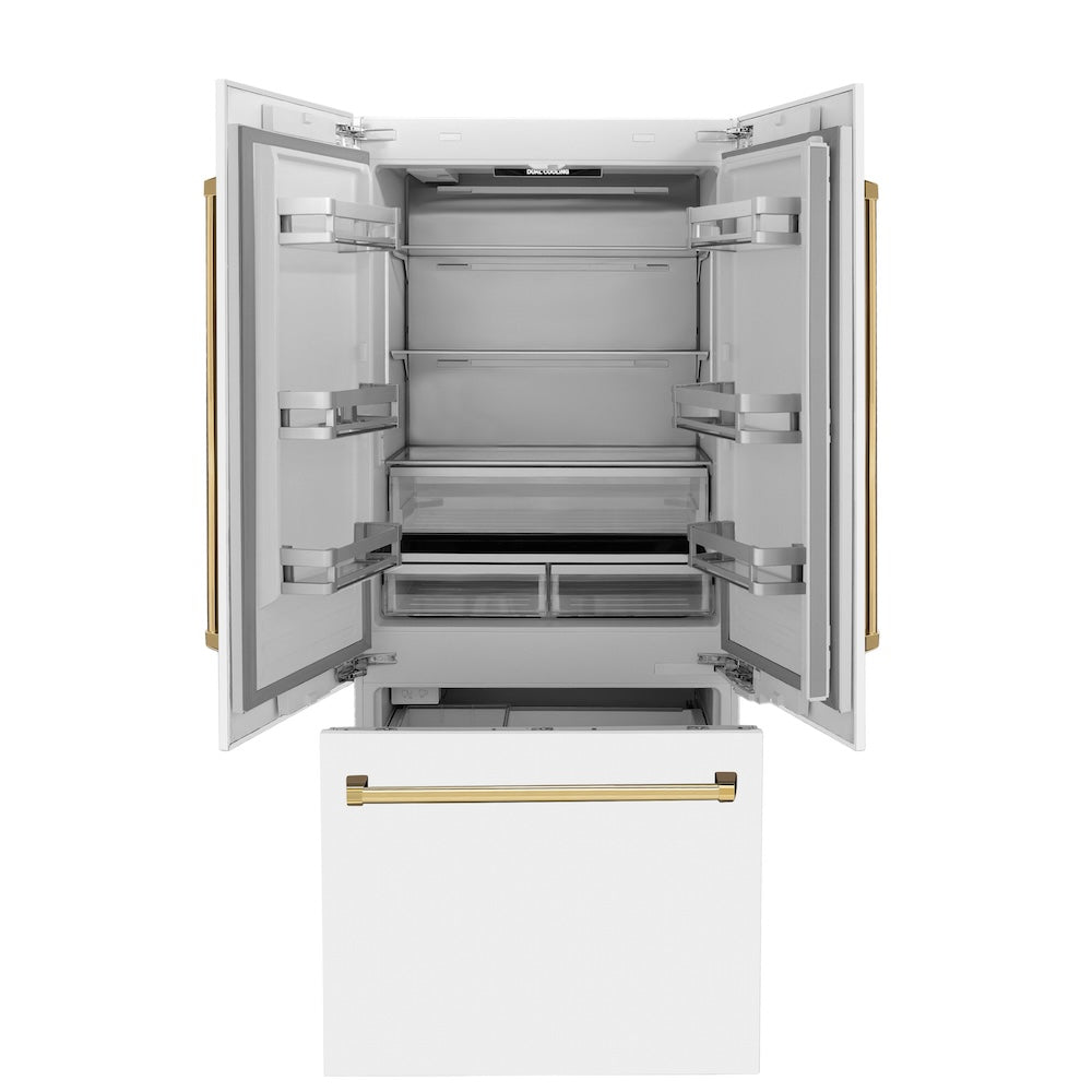 ZLINE Autograph Edition 36 Inch 19.6 Cu Ft French Door Built-In Bottom Freezer Refrigerator with Water Dispenser & Ice Maker - White Matte Finish with Polished Gold Accents (RBIVZ WM 36 G) | Premium Kitchen Appliance for Modern Homes & Luxury Condos