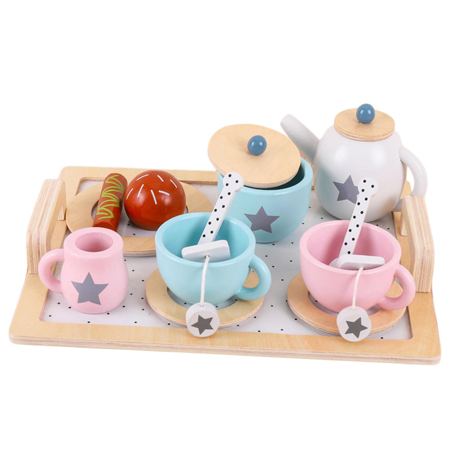 B Baosity 9Pcs Wooden Tea Party Set - Montessori Pretend Play Tableware for Kids, Developmental Learning Toy for Boys & Girls - Perfect for Birthday Parties, Playdates & Role-Playing Games