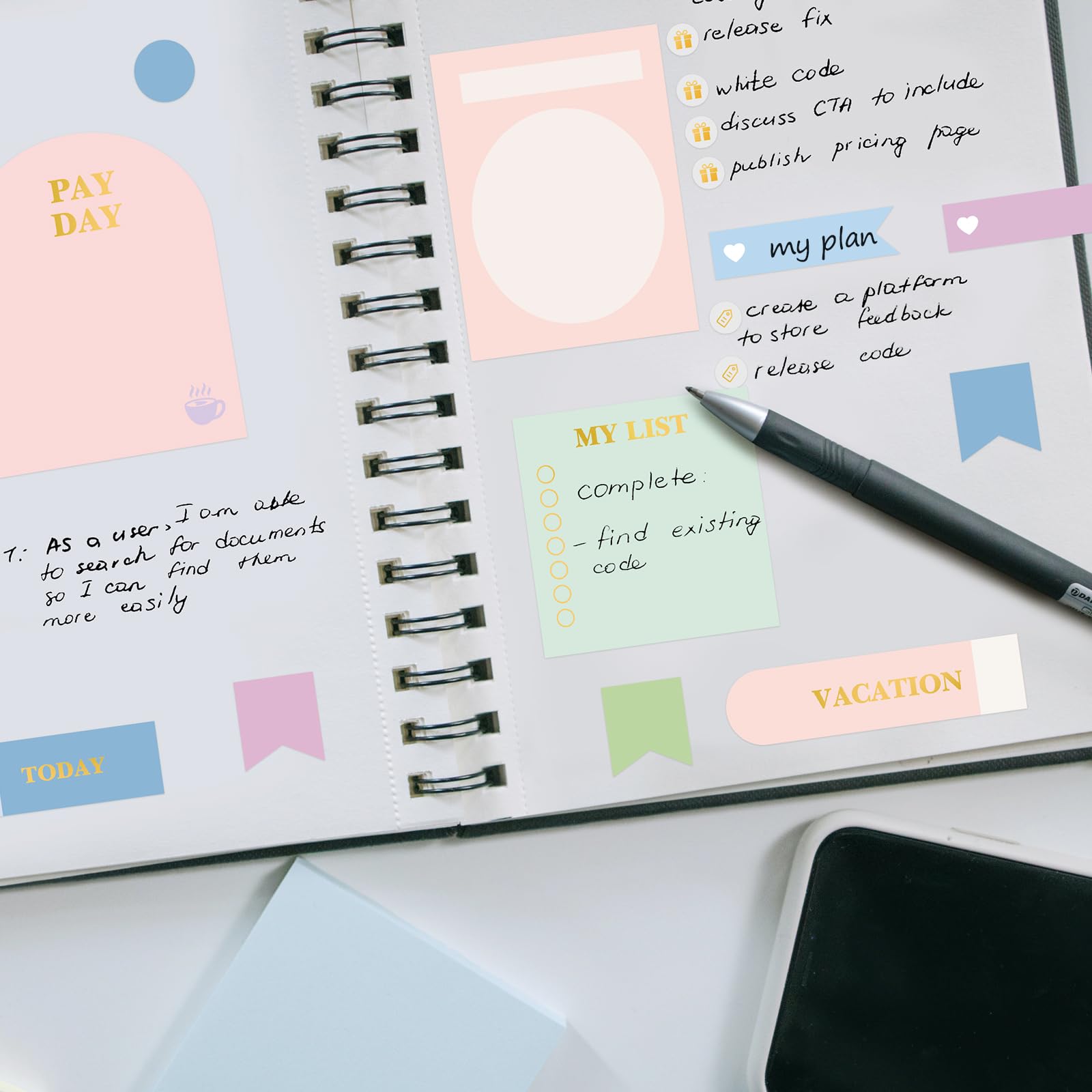 Pastel Planner Stickers Set - 24 Sheets Mixed Metallic Functional & Elegant Stickers with Free Tweezer for Bullet Journals, Scrapbooking & Budgeting (Cute Color Collection) - Perfect for DIY Planning, Gift Wrapping & Home Organization