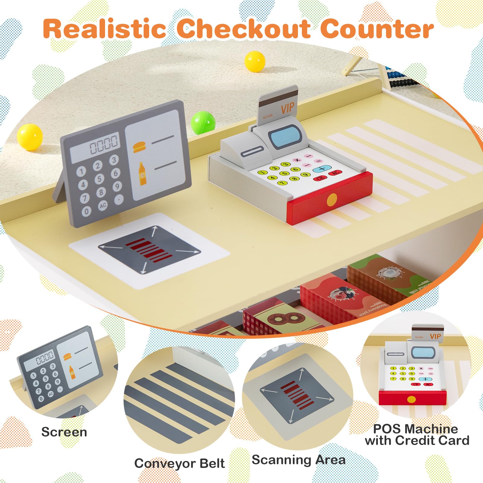 GLACER Wooden Kids Grocery Store Pretend Play Set with 15 Accessories - Cash Register, POS System, Vending Machine & Chalkboard - Educational Toy for Toddlers Ages 3-8 - Perfect Gift for Boys & Girls - Ideal for Role Play, Preschool Learning & Family Fun