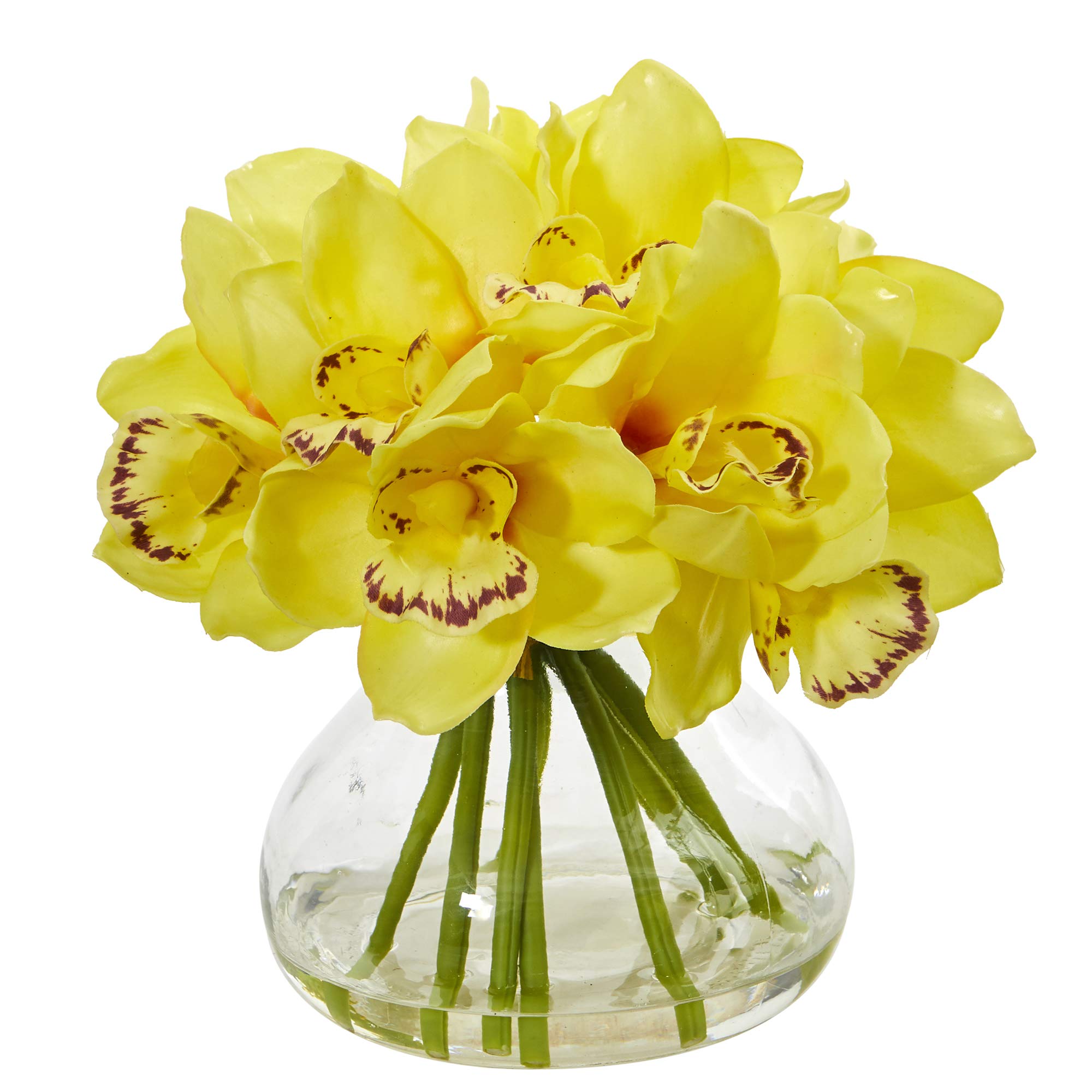 Nearly Natural Cymbidium Orchid Artificial Silk Flower Arrangement in Glass Vase - Yellow, Lifelike Home Decor for Living Room, Office, Wedding Centerpiece