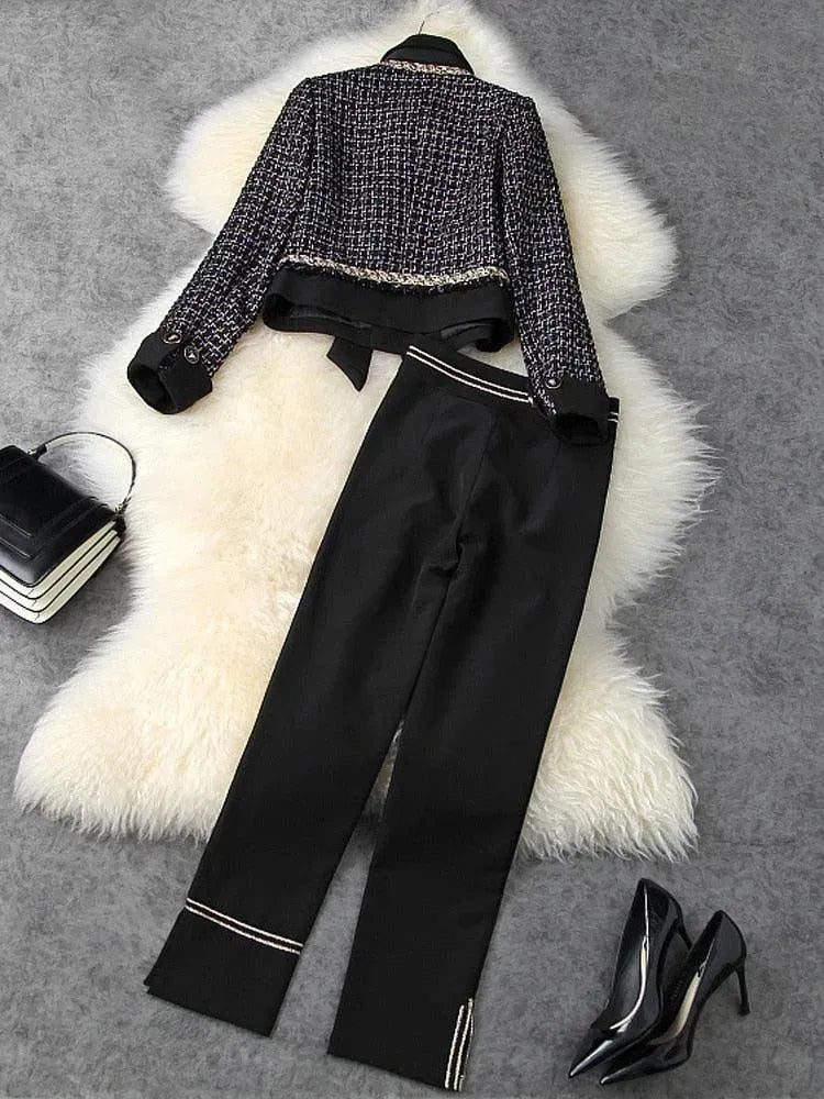 Stylish Tweed Wool Blazer and Pantsuit Set for Women - Classic Office Wear & Business Formal Attire - Perfect for Work, Meetings, and Professional Events