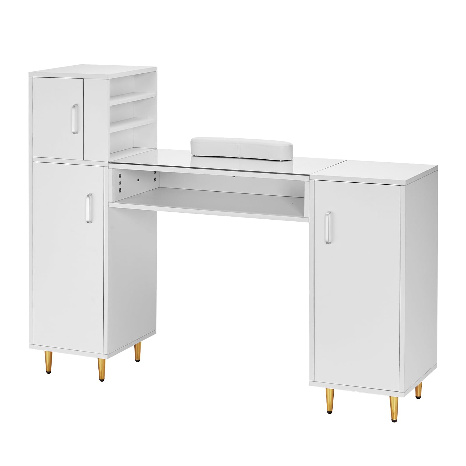 VEVOR Professional Manicure Table with Glass Top & Storage Cabinets - Acetone-Resistant Nail Tech Desk for Salon & Spa - Includes Wrist Rest & 8 Metal Legs (White) - Perfect for Nail Artists, Beauty Technicians & Home Salon Setup