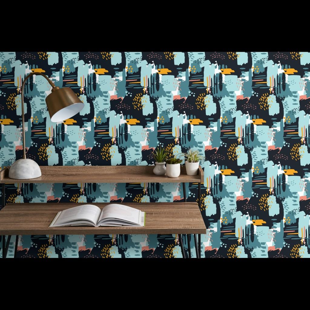Commercial Grade Spoonflower Wallpaper Swatch - Large Painterly Blue & Gold Abstract Design with Paint Brush Motif | Perfect for Kids' Rooms, Nurseries & Modern Home Decor