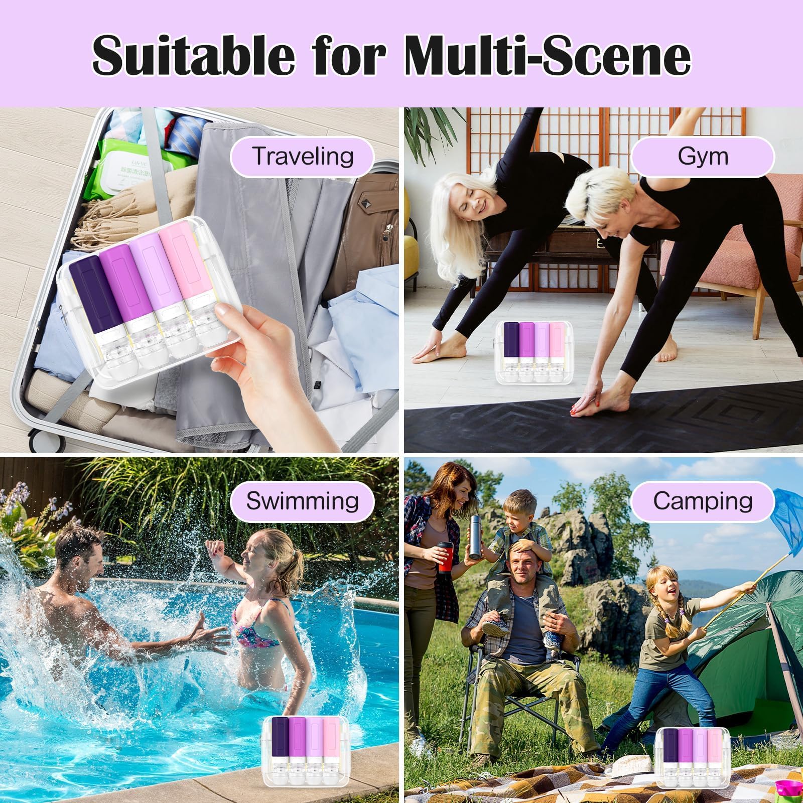 17PCS TSA Approved Travel Bottles for Toiletries - Leak Proof Silicone Containers Set for Shampoo, Conditioner, Lotion & Creams (Purple) | Perfect for Air Travel, Vacation & Gym Essentials