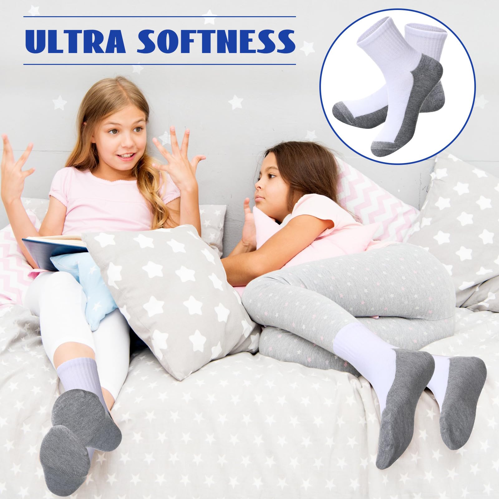 Ramede 100 Pairs Kids Socks - Boys & Girls Crew Cushioned Ankle Socks - Soft Ribbed Athletic Socks for Children (White & Gray, Size 9-12 Years) - Perfect for School, Sports & Daily Wear