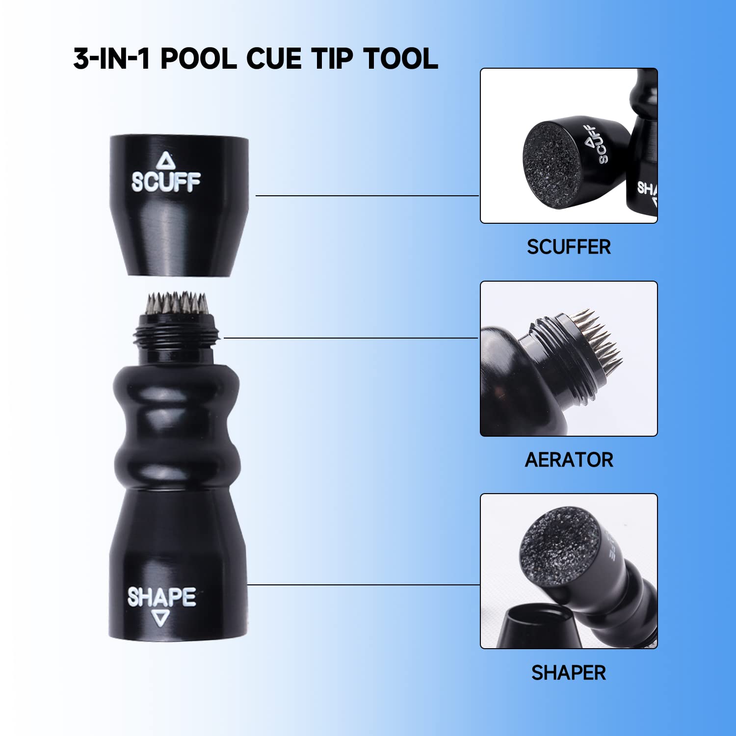 GSE Games & Sports Expert Billiard Pool Cue Tip Tool - Professional Scuffer, Shaper, Aerator & Joint Protector for Pool Cue Maintenance | Perfect for Home Game Rooms & Professional Billiard Accessories