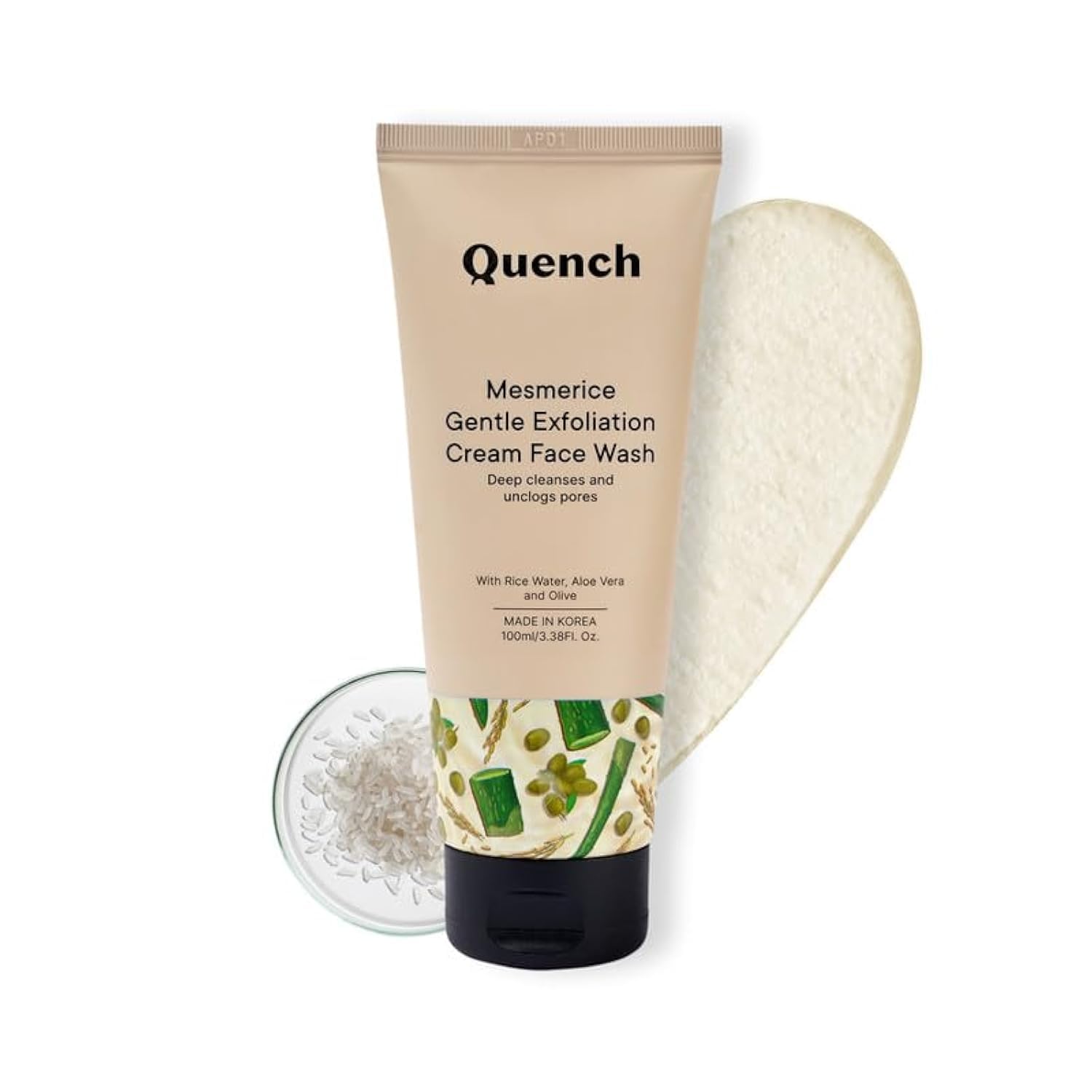 Quench Rice Water Gentle Exfoliating Face Wash | Korean Skincare for Glowing Skin | Brightening & Hydrating Cream Cleanser with Aloe Vera & Vitamin E | Made in Korea (100ml) | Perfect for Daily Cleansing & Nighttime Skincare Routine