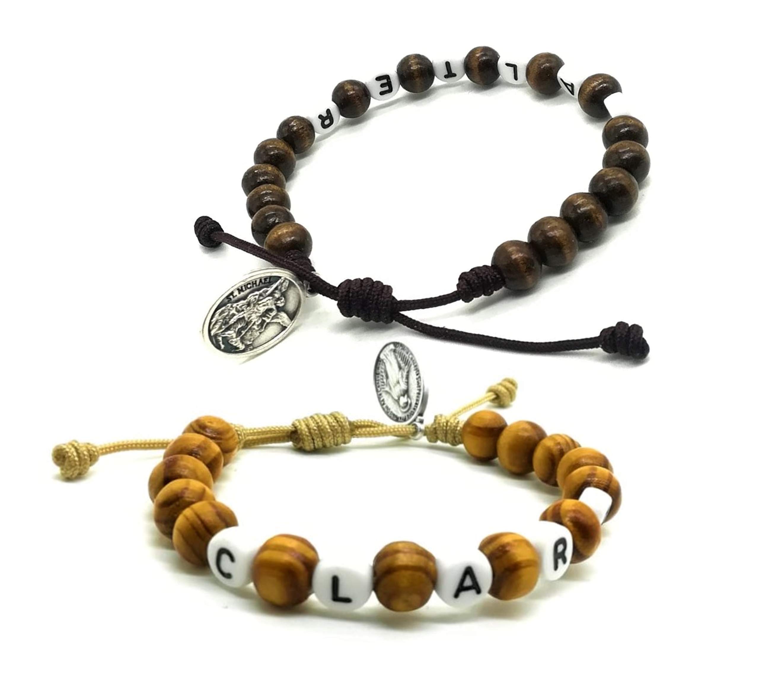 Personalized Wooden Beads Catholic Saint Medal Name Bracelet for Kids - Adjustable Rosary Bracelet Religious Gift for Baptism, First Communion & Faith Jewelry