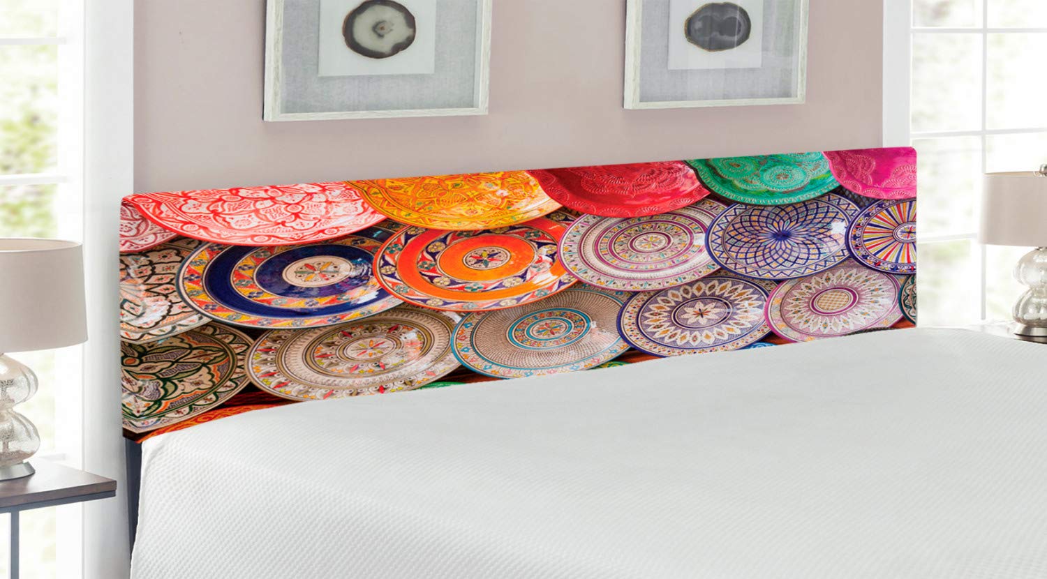 Ambesonne Moroccan King Size Headboard - Handcrafted Upholstered Metal Bed Headboard with Memory Foam | Traditional Colorful Plates Design Inspired by Marrakesh Market | Perfect for Bohemian Bedroom Decor, Guest Room & Master Suite