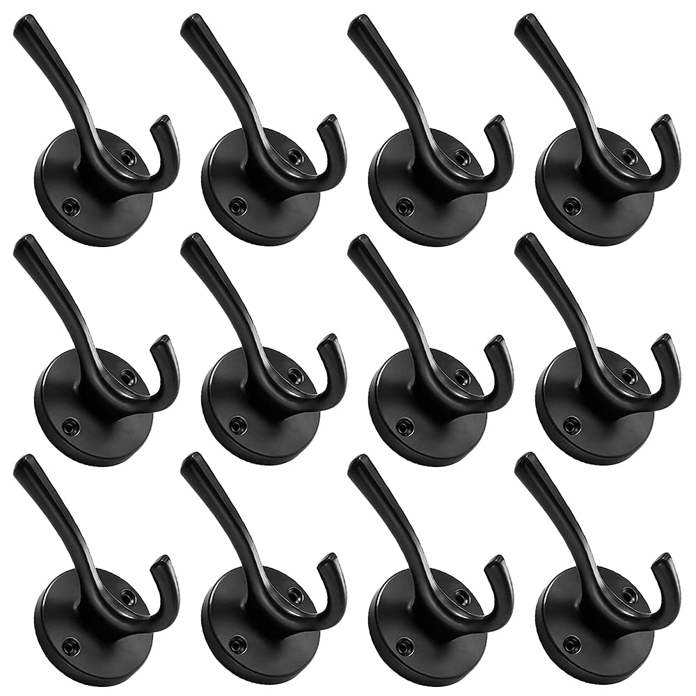 ZUONAI 12 Pack Heavy Duty Matte Black Coat Hooks - Wall Mounted Double Metal Robe Hooks for Coats, Hats, Towels - Ideal for Bathroom, Kitchen, Locker & Entryway Organization