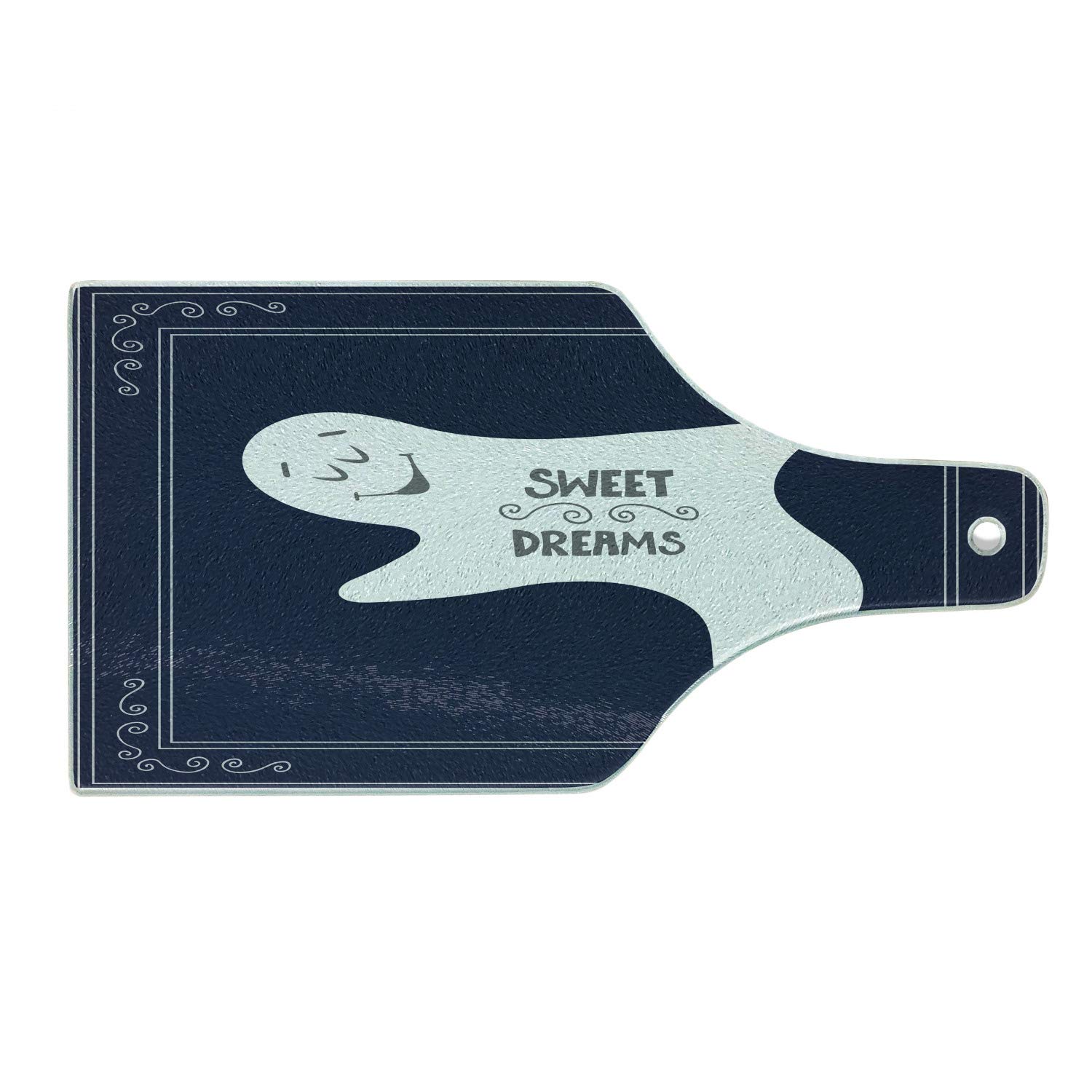 Ambesonne Sweet Dreams Ghost Cutting Board - Artistic Dark Blue Tempered Glass Serving Board with Wine Bottle Shape - Perfect for Halloween Parties, Kitchen Decor & Gift Giving