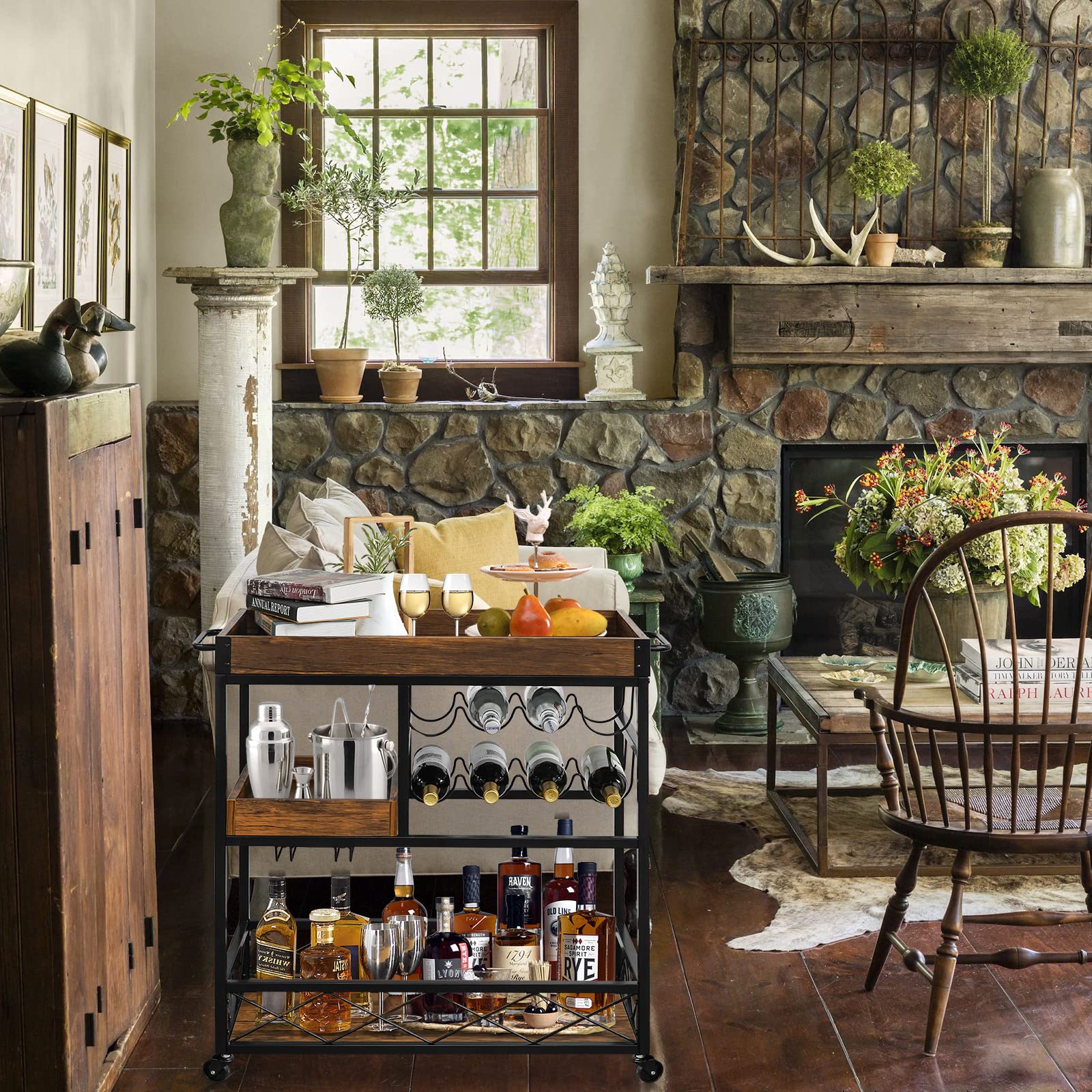 Industrial 3-Tier Bar Cart with Wine Rack & Glass Holder - Rustic Kitchen Serving Cart with Locking Casters, Portable Trays for Home, Party & Restaurant Use