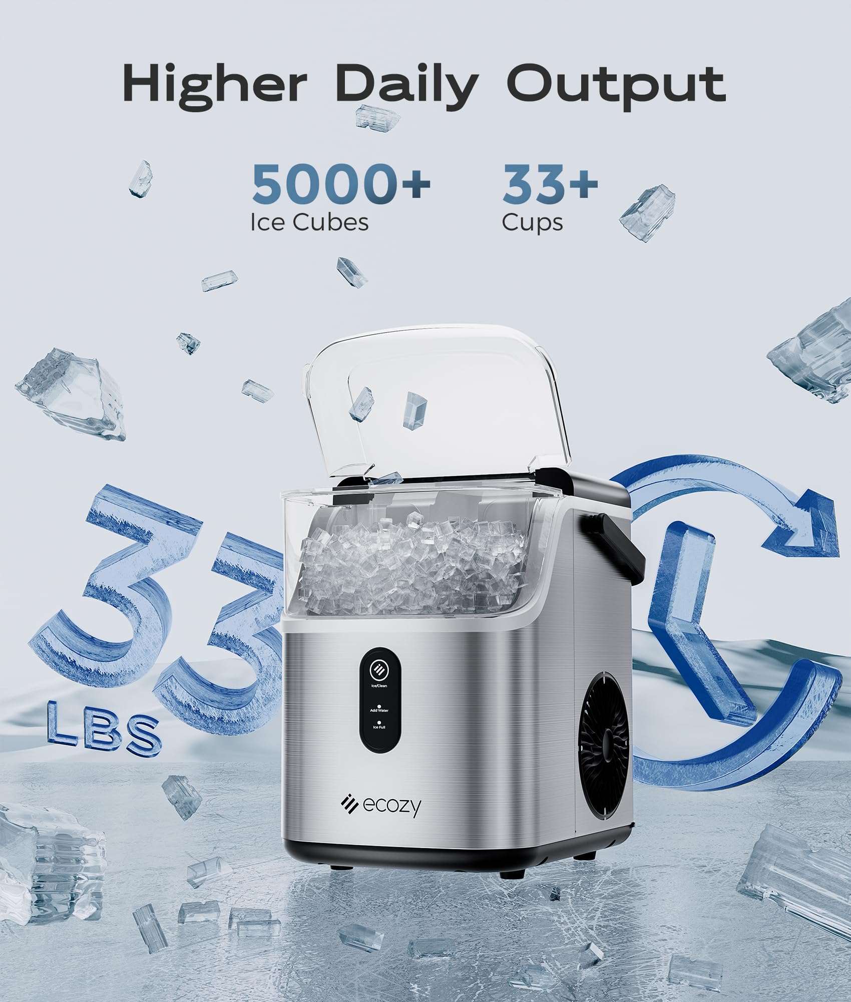 Ecozy Nugget Ice Maker Countertop - 33 lbs/24H Crushed Pellet Ice Machine with One-Click Operation & Self-Cleaning - Stainless Steel Ice Maker for Home, Kitchen, Bar, Office, Party & Outdoor Gatherings