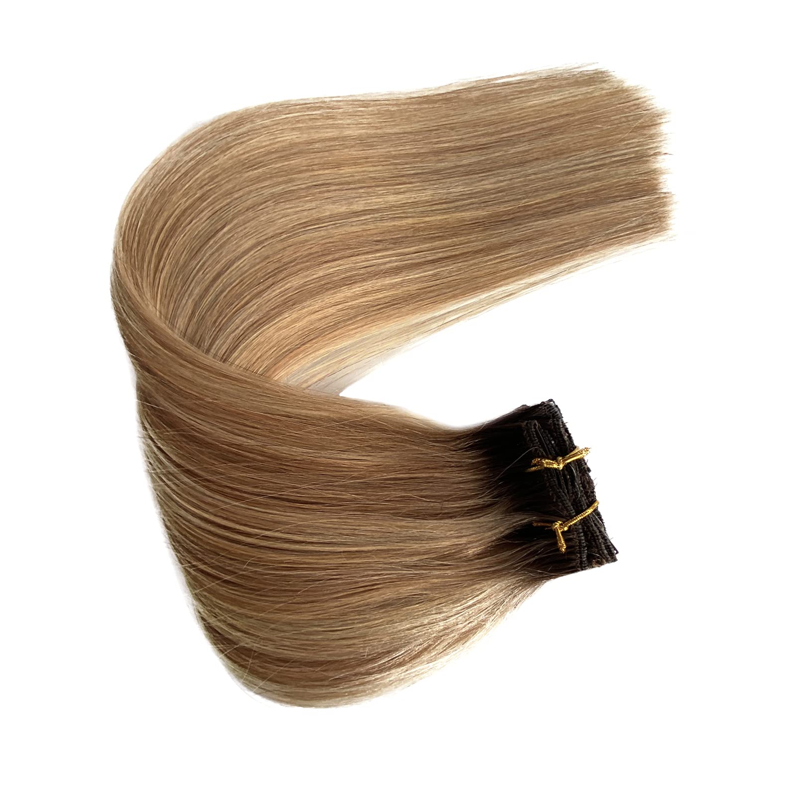Chocolate Brown to Golden Brown Clip in Hair Extensions with Blonde Highlights - 7 Pcs 70G Remy Human Hair Double Weft Straight Extensions for Women - 20