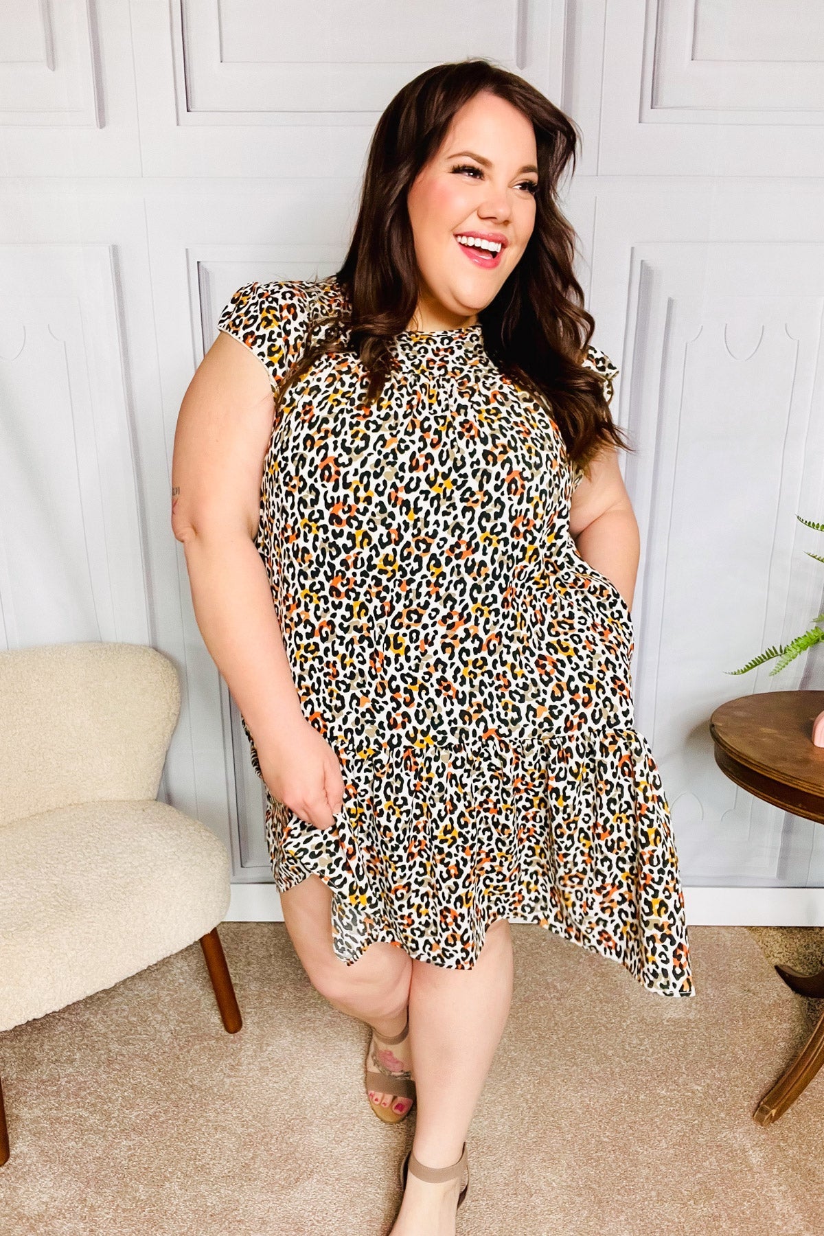 Stylish Taupe Leopard Print Tiered Ruffle Sleeve Woven Dress for Women | Elegant Party, Date Night & Special Occasion Outfit