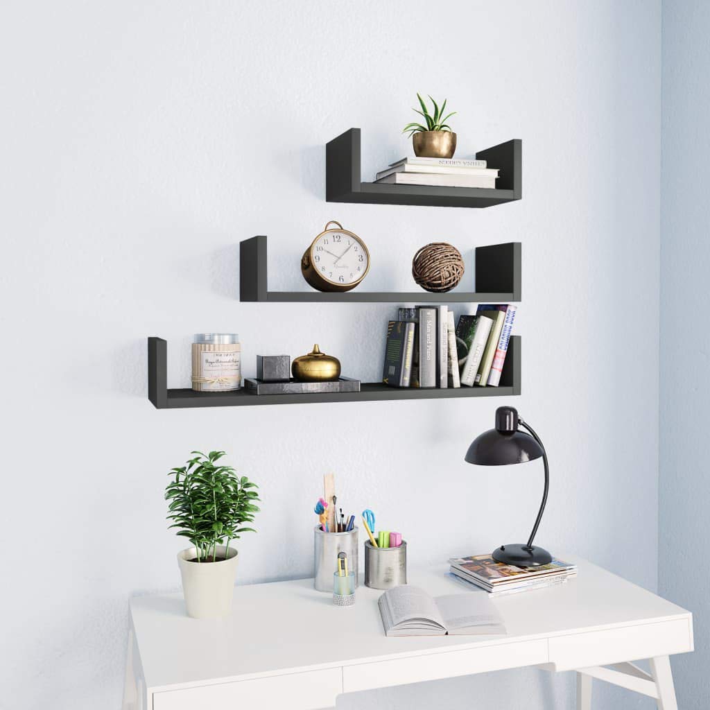 3-Pack Floating Wall Shelves Set - High Gloss Gray Chipboard Wall Mounted Display Shelves for Bedroom, Living Room & Office Decor - Perfect for Books, Photos & Decorative Items