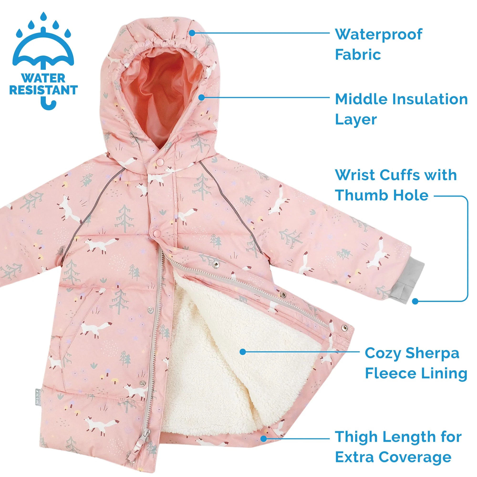 Jan & Jul Pink Forest Toasty Dry Puffy Coat - Warm Winter Jacket for Kids, Waterproof & Windproof, Perfect for Snow Play, Outdoor Adventures & Cold Weather Activities
