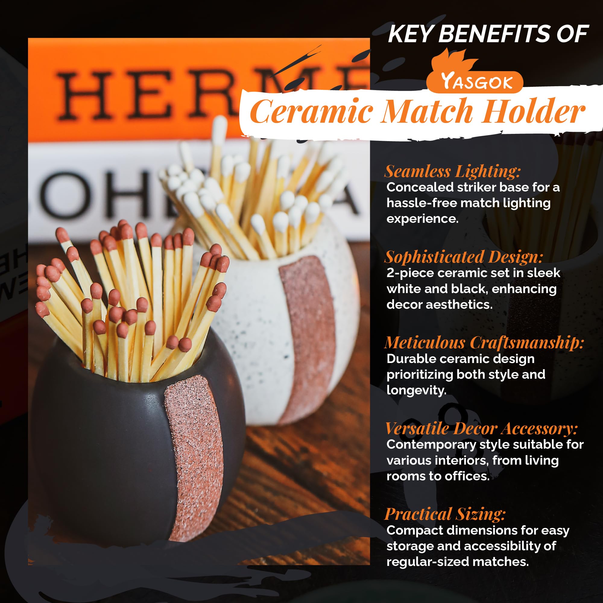Ceramic Match Holder with Striker - Set of 2 Decorative Candle Match Boxes | Modern Home Decor Gift for Kitchen, Bathroom & Fireplace | Perfect for Candles, Fireplaces & Outdoor Use