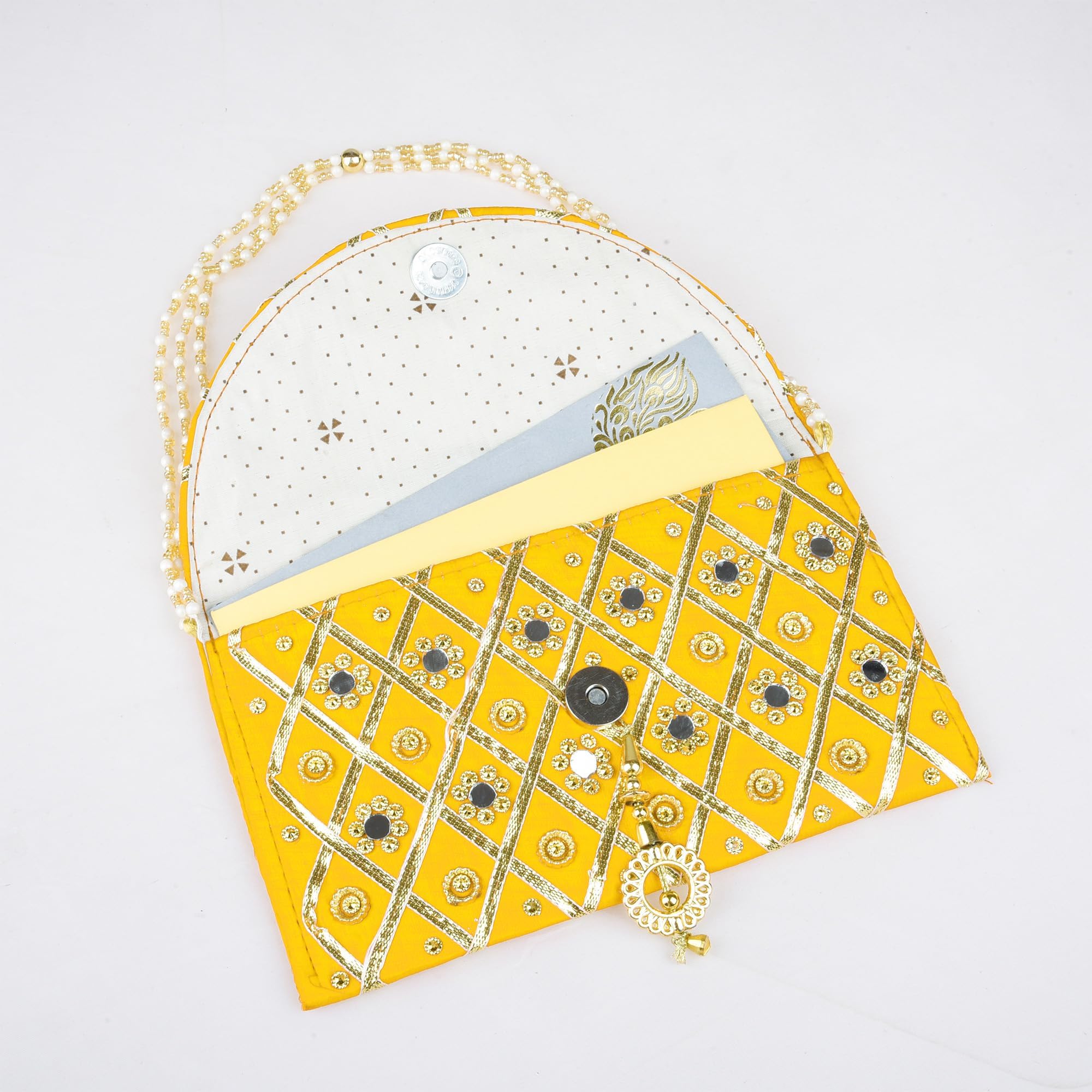Kuber Industries Women's Clutch Purse with Handle - Traditional Shagun Purse for Baby Shower, Wedding & Gift Giving - Yellow Mirror Check Design - Perfect for Parties, Ceremonies & Special Occasions