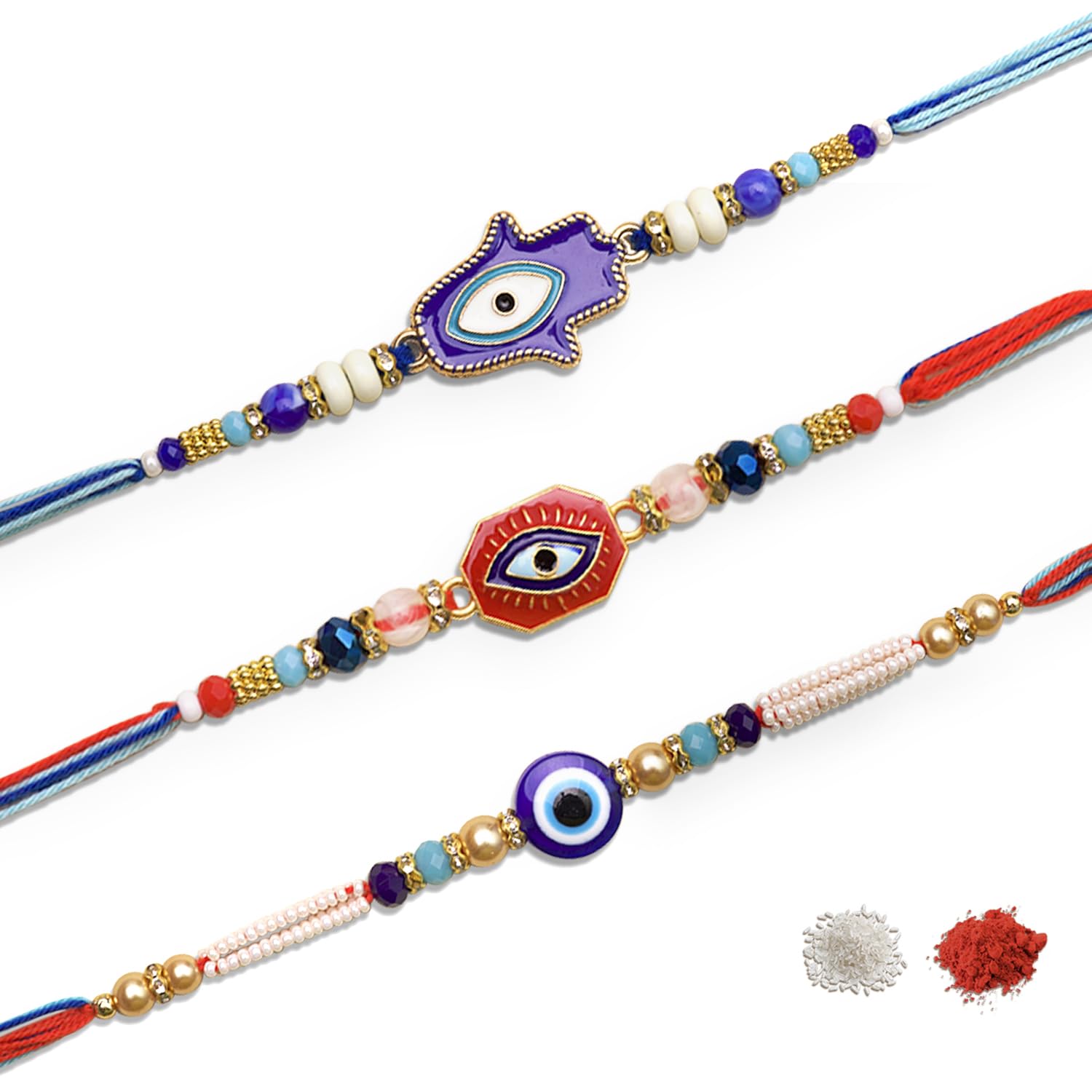 Indotribe 3 Pcs Rakhi Set for Brother and Bhabhi - Traditional Rakhi Bracelets with Roli Chawal - Perfect Rakhi Gifts for Brother Sister - Ideal for Raksha Bandhan Celebrations and Hindu Festivals