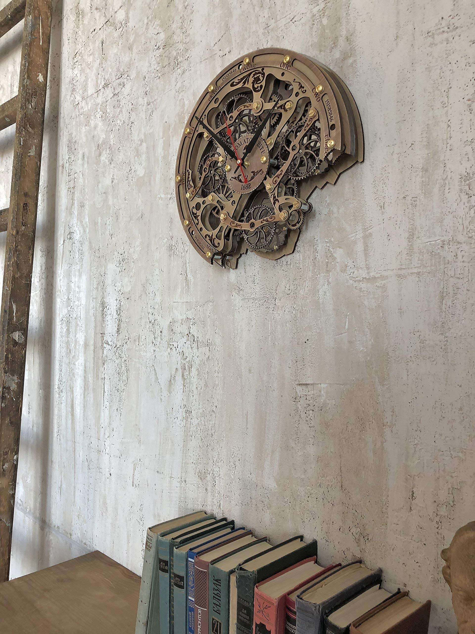 Handcrafted Steampunk Wall Clock with Moving Gears - Automaton Bite 1682 Woody by WOODANDROOT | Unique Transparent Design, Large Personalized Anniversary Gift for Home & Office Decor | Perfect for Living Room, Study or Steampunk-Themed Spaces