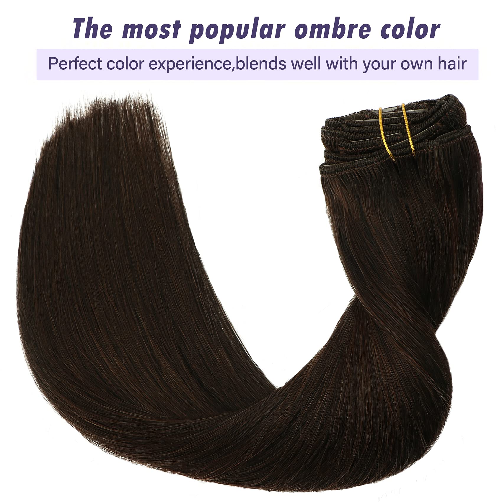 HUAYI Dark Brown 22-Inch 120g 7-Piece Clip-In Human Hair Extensions - Double Weft Thick Ends, Soft & Tangle-Free Straight Hair for Full Head Volume - Natural Balayage Color (#2) | Perfect for Parties, Weddings & Daily Styling