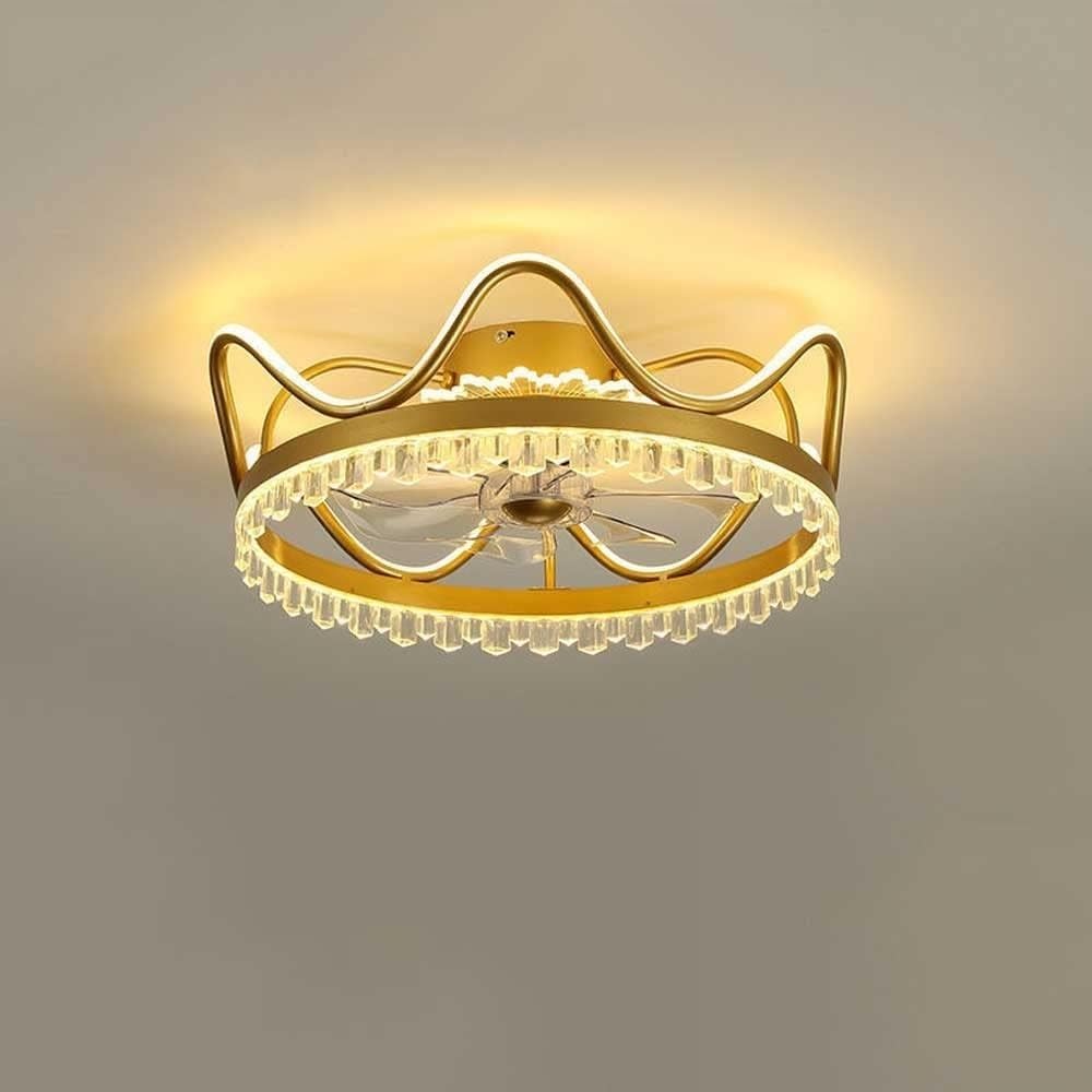 DUBOXX Crown Shaped Ceiling Fan with LED Lights & Remote Control - 3 Speed Adjustable, Dimmable Acrylic Shade, Flush Mount for Low Ceiling - Gold Finish | Perfect for Bedroom, Living Room & Office Lighting
