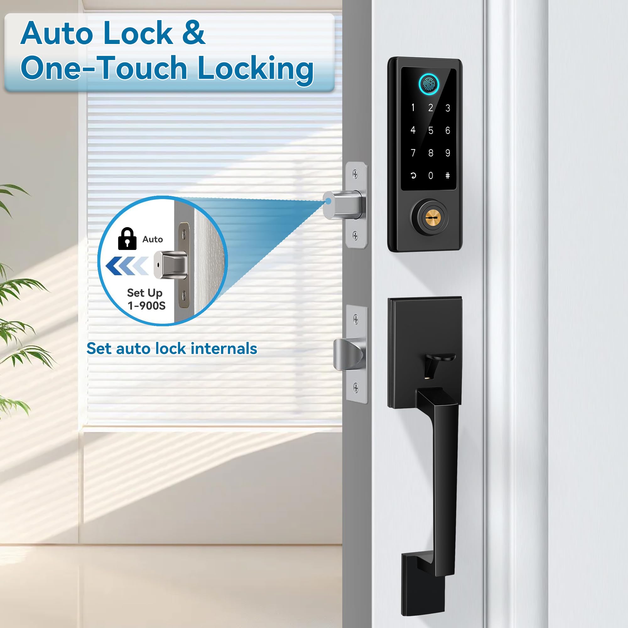 BEBASIA Smart Fingerprint Door Lock with Keyless Entry - Bluetooth Electronic Keypad Deadbolt & Handle Set for Front Door Security - Perfect for Homes, Apartments & Vacation Rentals (Black)