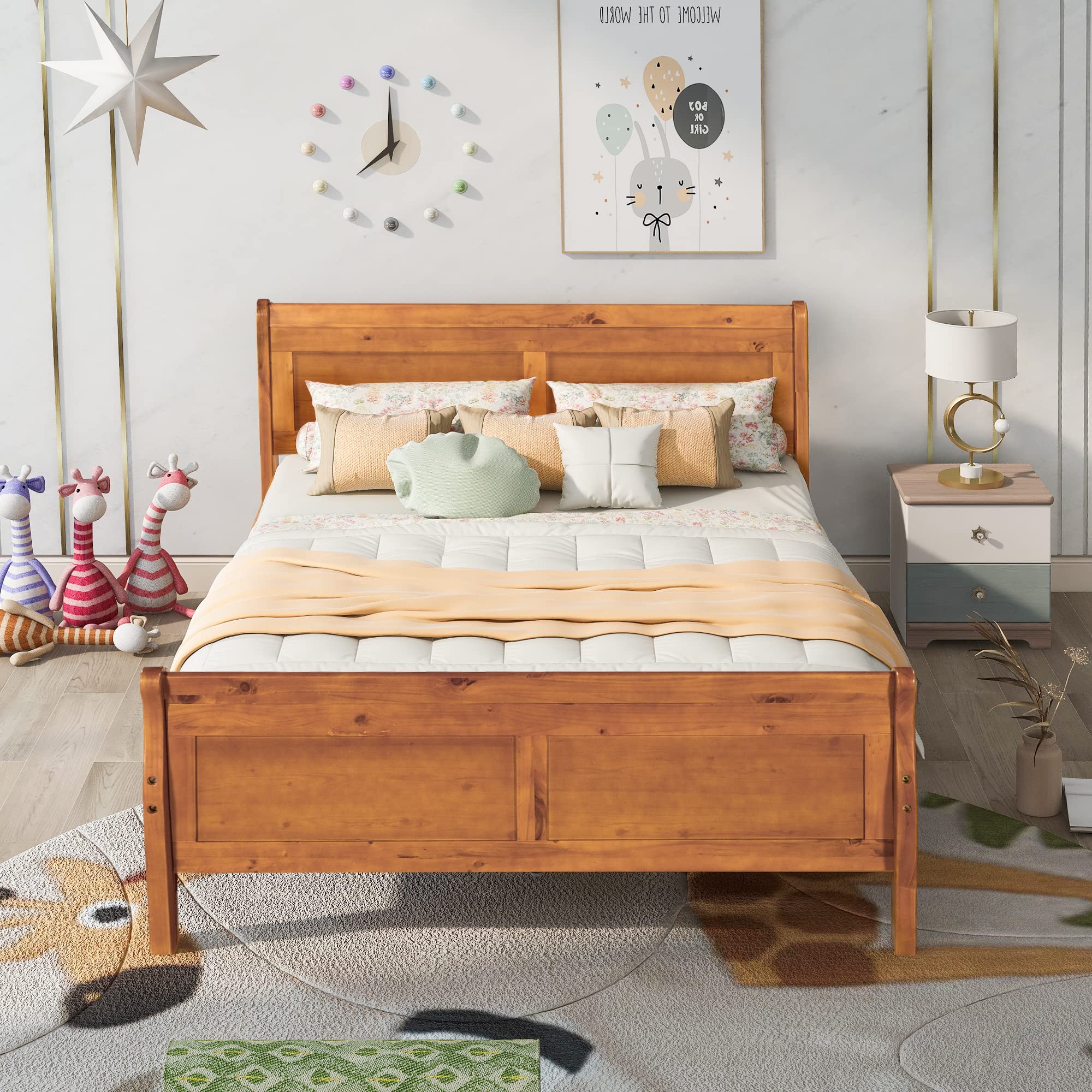 Harper & Bright Designs Full Size Wooden Bed Frame with Headboard and Footboard - Sturdy Platform Bed for Kids, No Box Spring Needed - Solid Oak Construction - Perfect for Boys and Girls Bedrooms, Dorm Rooms, and Guest Rooms