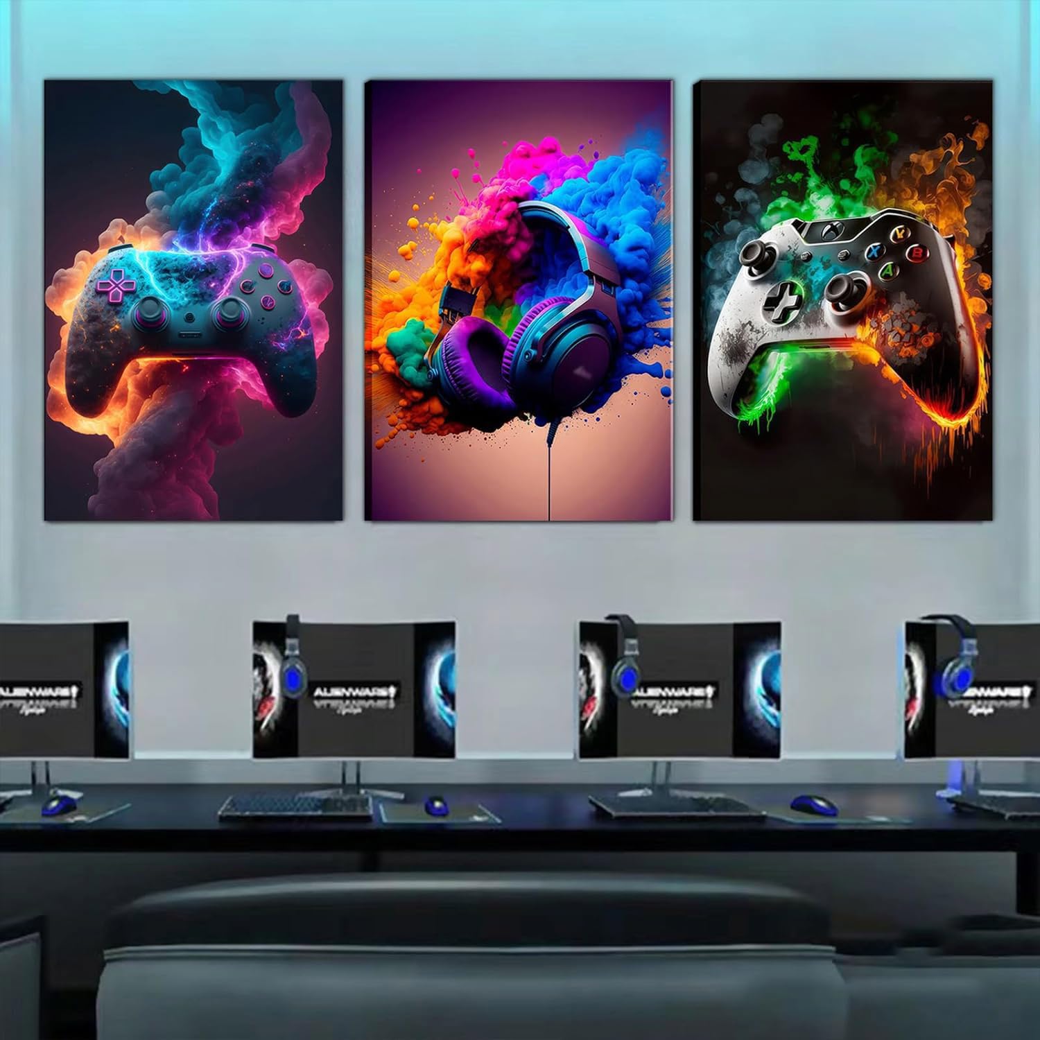 Gaming Room Decor Set of 3 - 12x16 Inch Framed Canvas Wall Art Posters for Teen Boys Bedroom | Video Game Themed Decorations for Gamers Room, Man Cave & Game Room Aesthetics