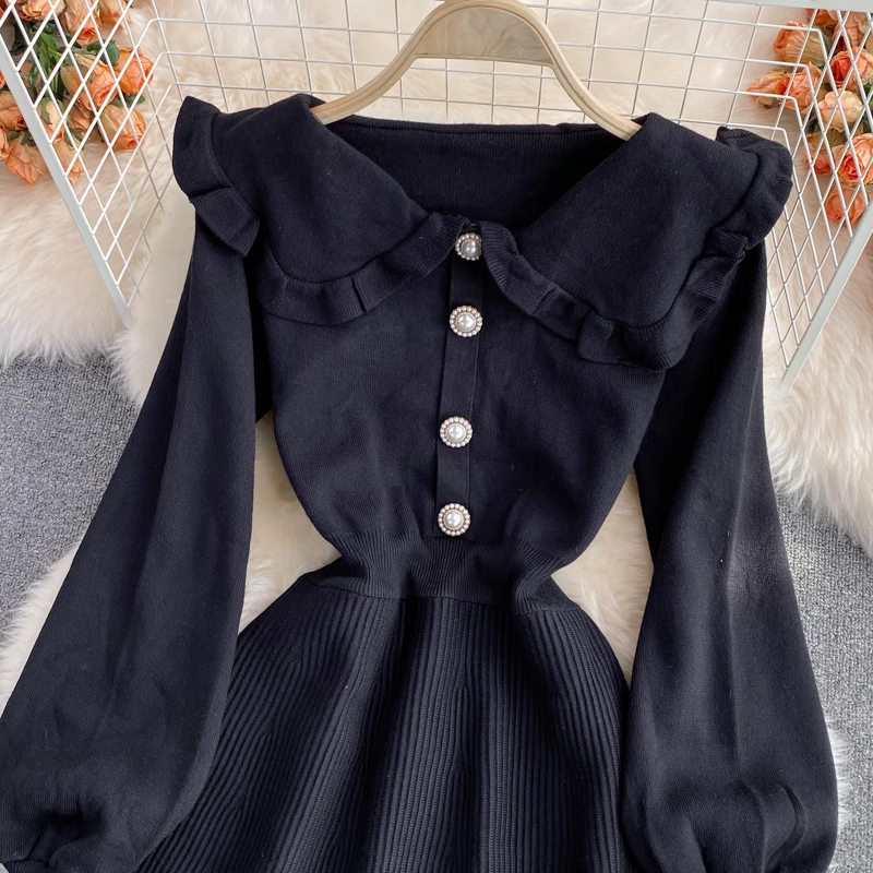 Elegant French Style Sweet Long Sleeve Knitted Dress for Women - Perfect for Fall/Winter Dates, Office Wear & Holiday Parties