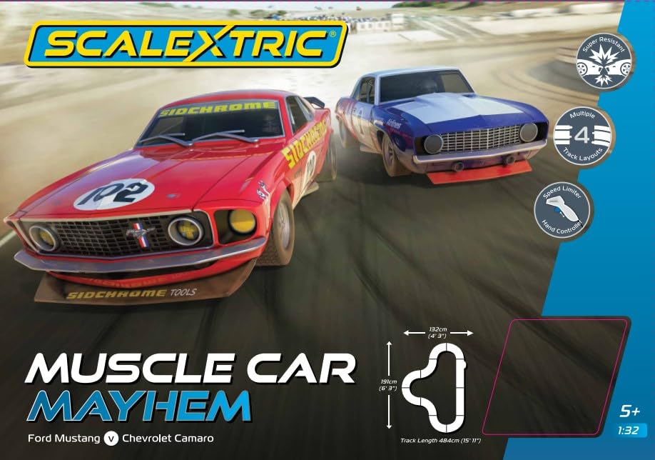 Scalextric C1449T Muscle Car Mayhem Slot Car Racing Set - 1:64 Scale Electric Race Track with Mains Power, Perfect for Adults & Kids 8+ | Fun Family Game Night & Birthday Gift for Boys & Girls | Home Entertainment & Competitive Racing Experience